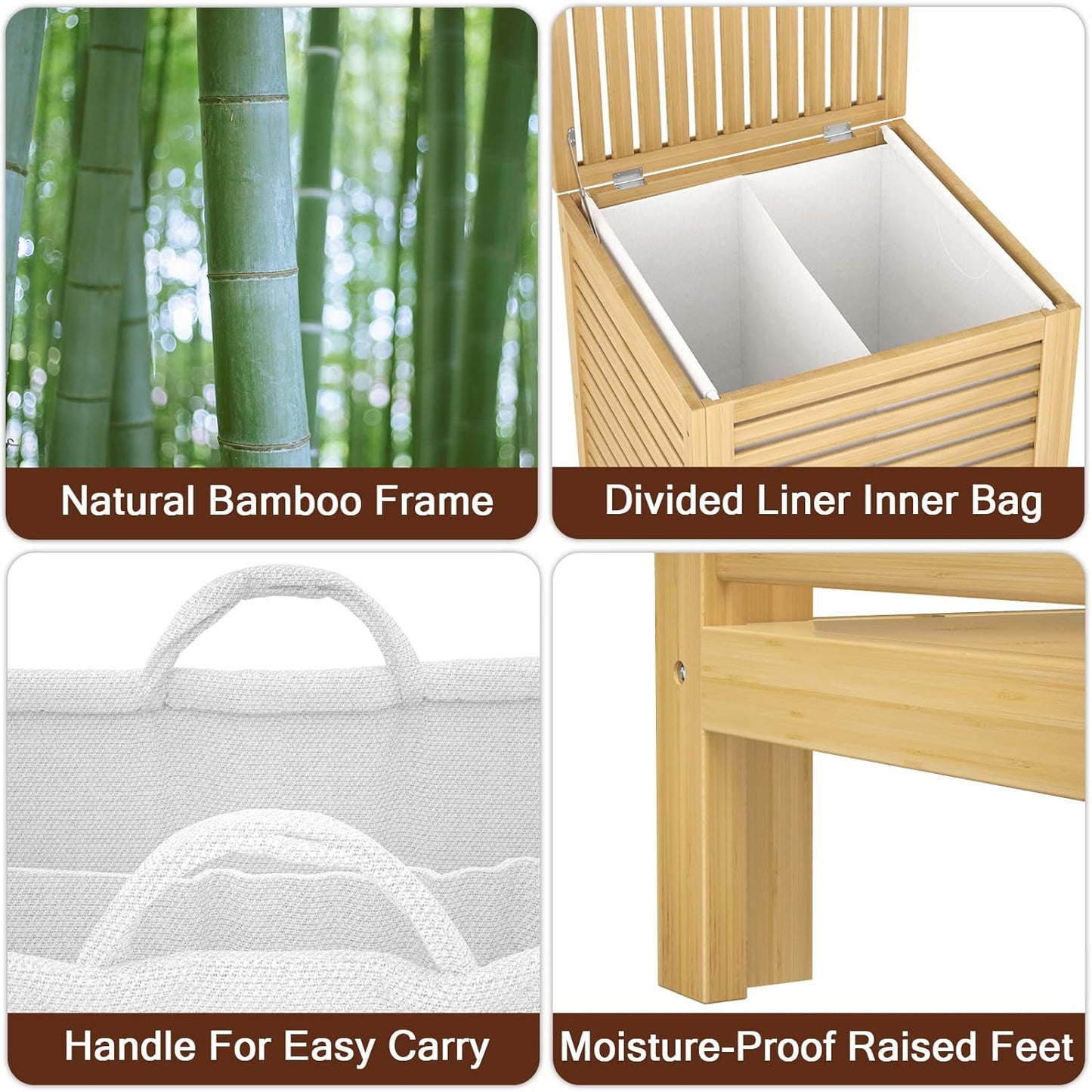 Homykic Bamboo Laundry Hamper with Lid, 120L Large Clothes Laundry Sorter with Removable 2-Section Liner Bag, Raised Laundry Basket Organizer for Clothing, Bathroom, Bedroom, Laundry Room, Natural
