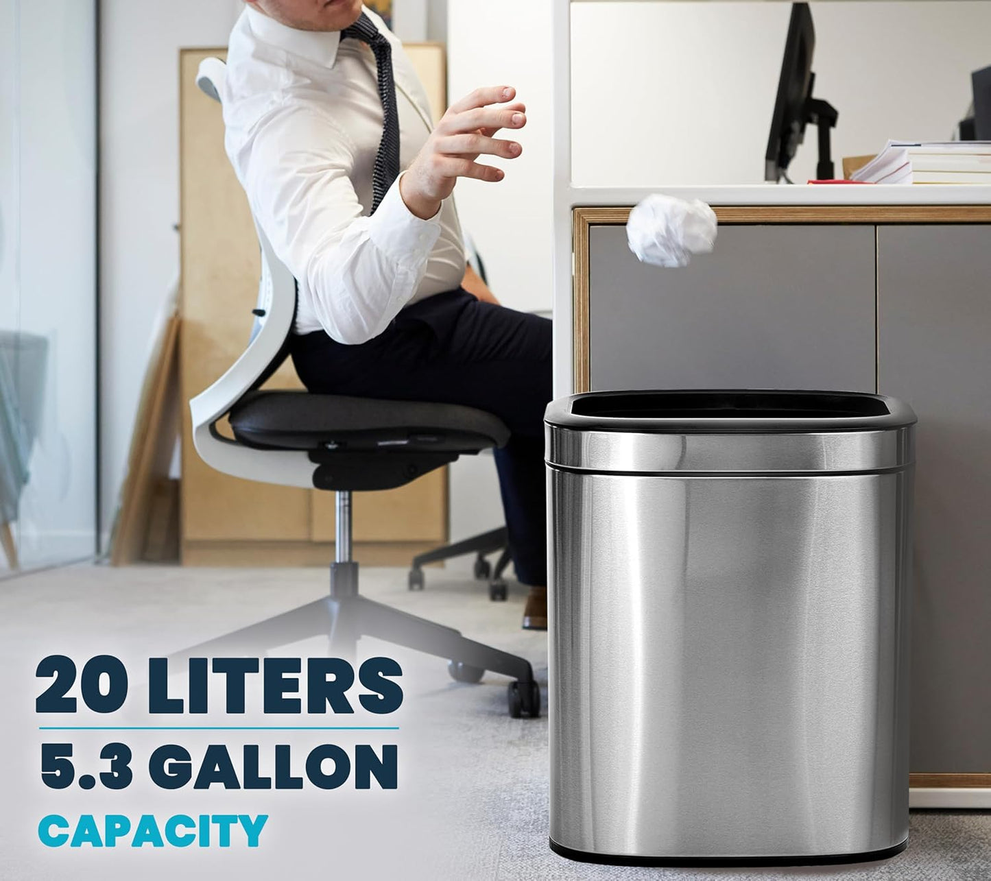 Alpine Stainless Steel Open Top Trash Can 5 Gallon - 20L Garbage Can for Kitchen, Bathroom, Office & More with Removable Bin, Brushed Nickel Finish, Space-Saving Slim Modern Design