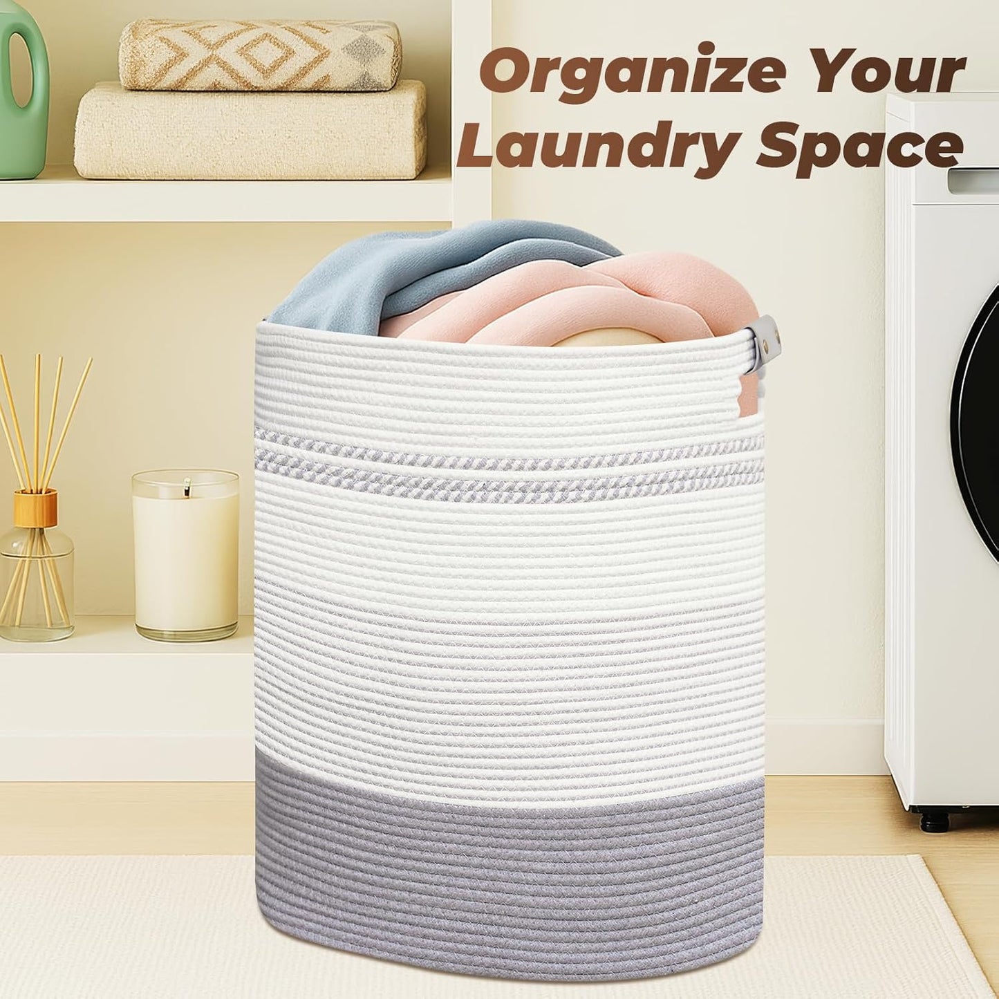 Laundry Basket with Handles - Blanket Basket & Hampers for Bedroom Aesthetic, Laundry Hamper & Blanket Storage for Living Room, Clothes Hamper, Tall, Large 17" x 14" x 22”, Grey