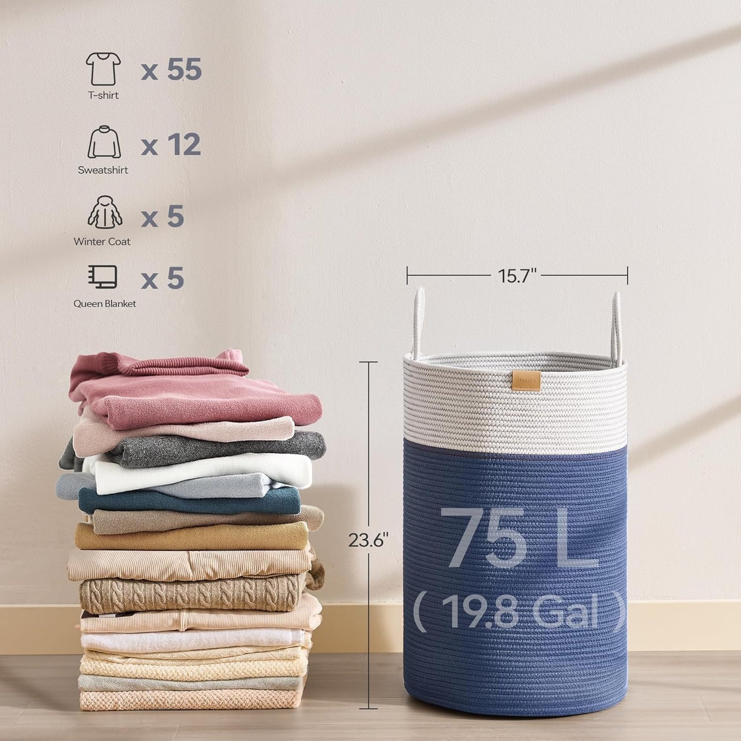 Laundry Hamper 75L,Large Laundry Basket for Clothes,Decorative Storage Basket for Blankets,Cotton Rope Woven basket for bedroom,Navy Blue