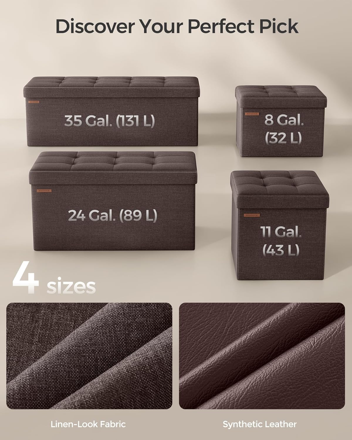 SONGMICS Mazie Collection - 30 Inches Folding Storage Ottoman Bench, Ottoman Foot Rest, End of Bed Bench, Storage Chest, Load 660 lb, for Living Room, Bedroom, Entryway, Brown ULSF047K02