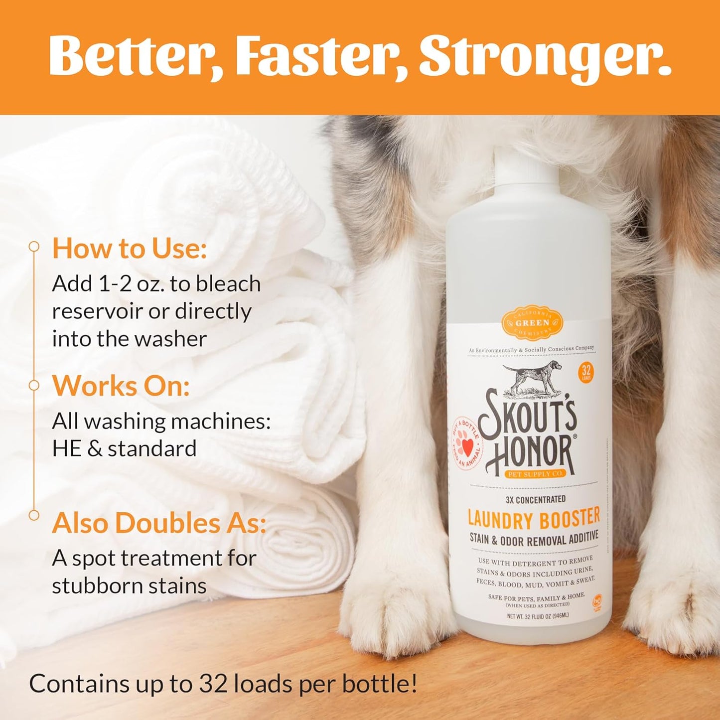 Skout's Honor Laundry Booster Stain & Odor Removal Additive - Plant-Powered Formula for Pet Bedding, Clothing, and Washable Pee Pads - Eco-Friendly & Cruelty-Free, 32 oz