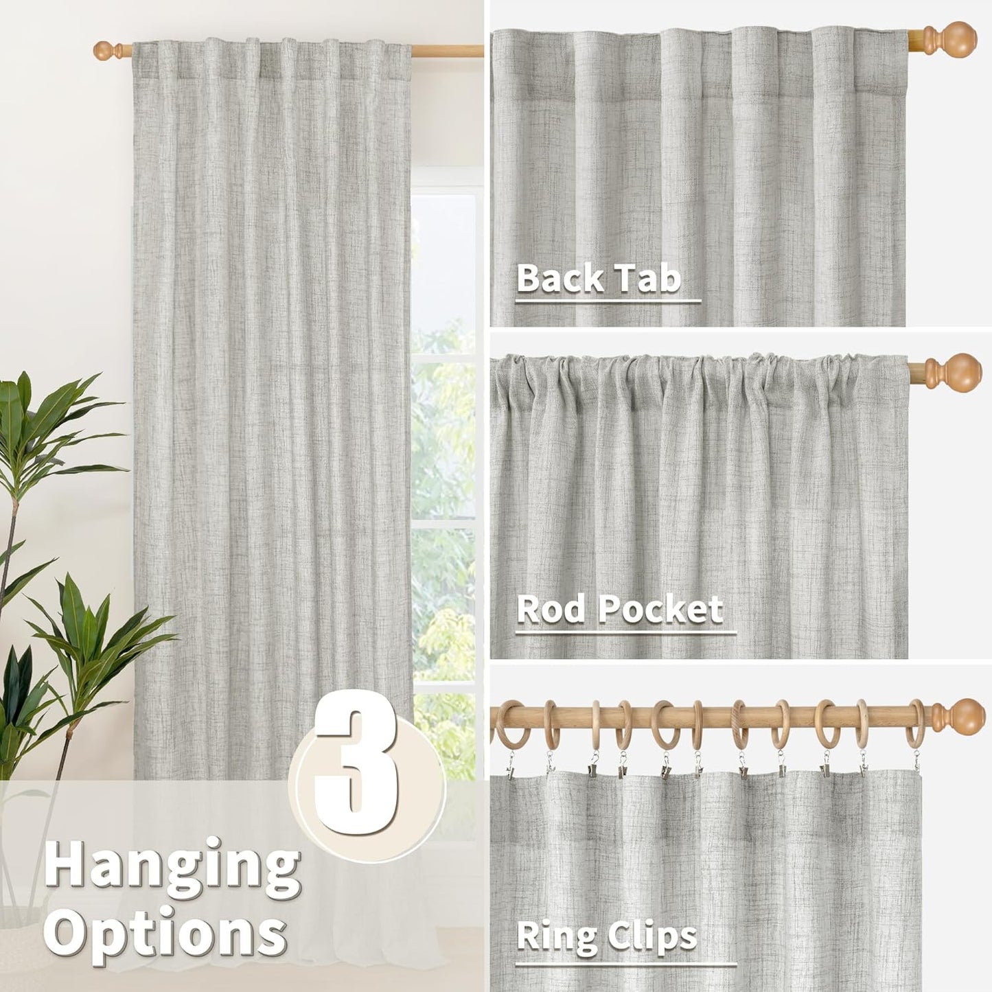 YoungsTex Light Grey Linen Curtains 63 Inches Length 2 Panels for Living Room - Textured Semi Sheer Drapes with Rod Pocket Back Tab Light Filtering for Bathroom Bedroom, 52 X 63 Inch