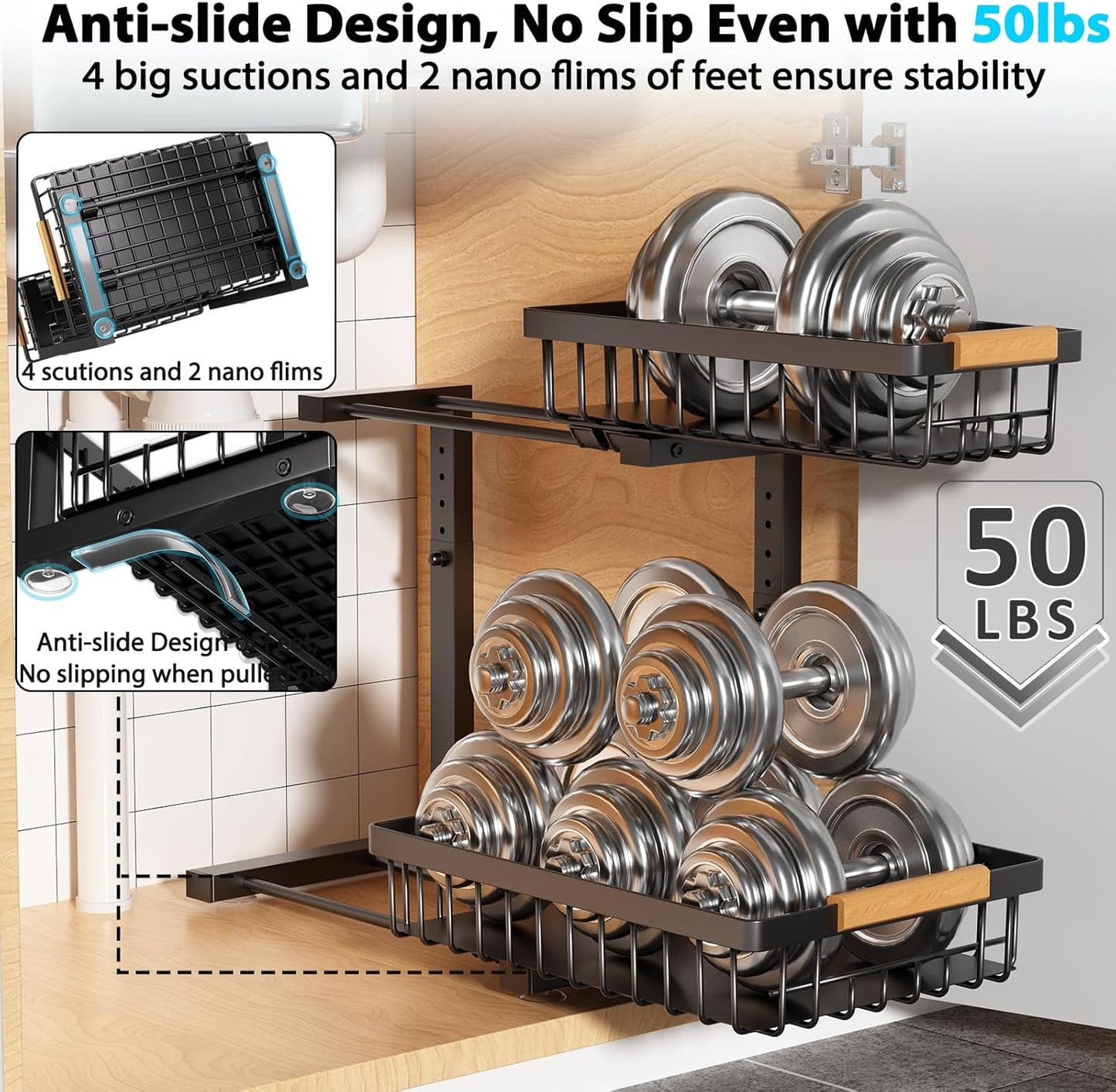 Under Sink Organizer Storage 1 pack, 2 Tier Slide Out Height Adjustable Pull Out Cabinet Organizer Drawers, Kitchen Bathroom Large Capacity Metal Under Sink Rack Caddy Basket Shelves, Black