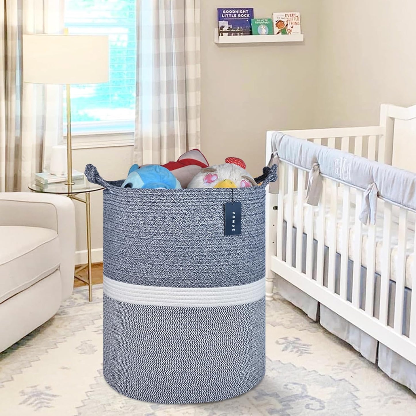COMSE Extra Large Blanket Basket, Tall Woven Storage Basket, Nursery Hamper, 15.7”x 21.7”, Cotton Rope Laundry Hamper for Toys Clothes Towels, Blend Navy Blue/White