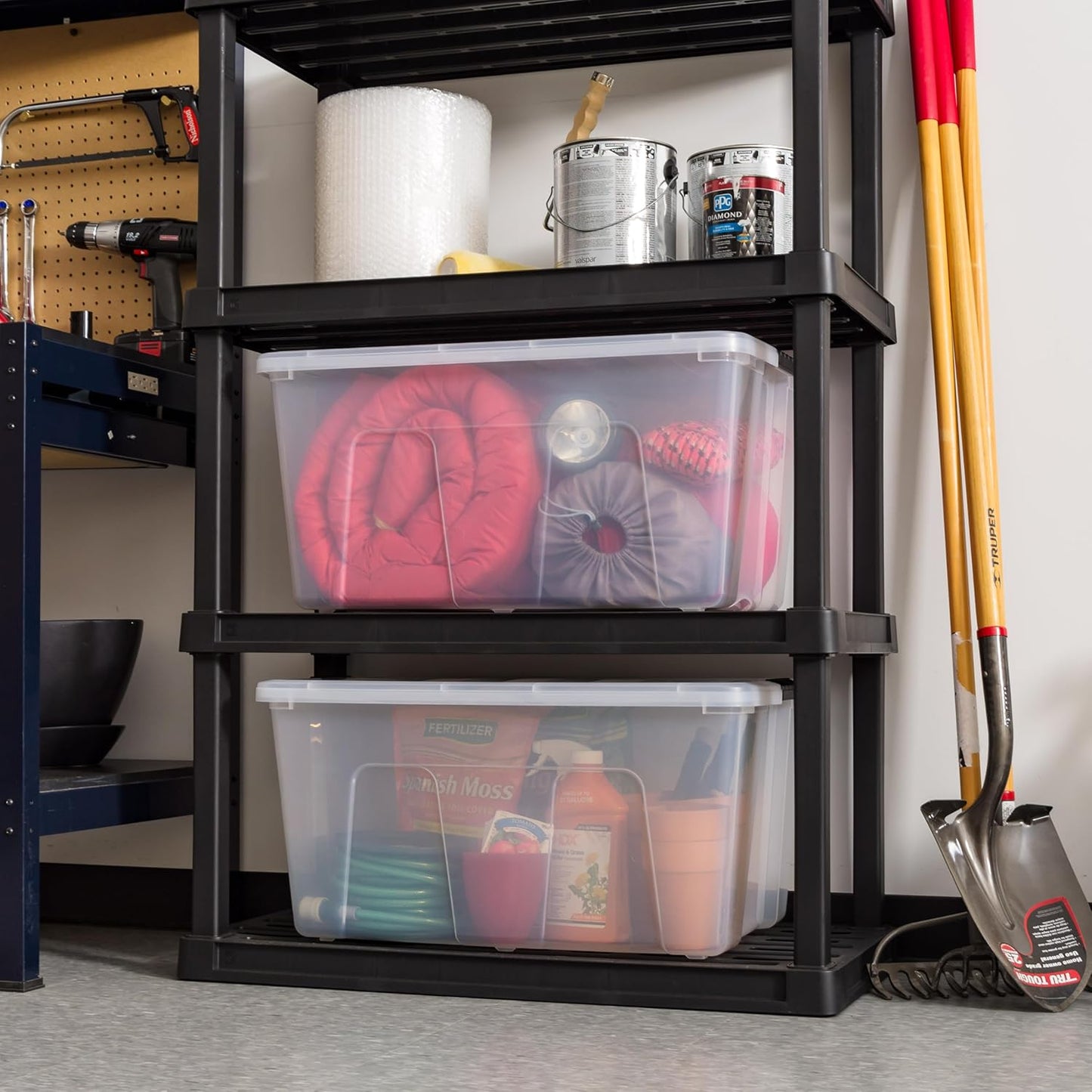 IRIS USA 94 Qt Stackable Plastic Storage Bins with Lids, 4 Pack - BPA-Free, Made in USA - See-Through Organizing Solution, Latches, Durable Nestable Containers, Secure Pull Handle - Clear