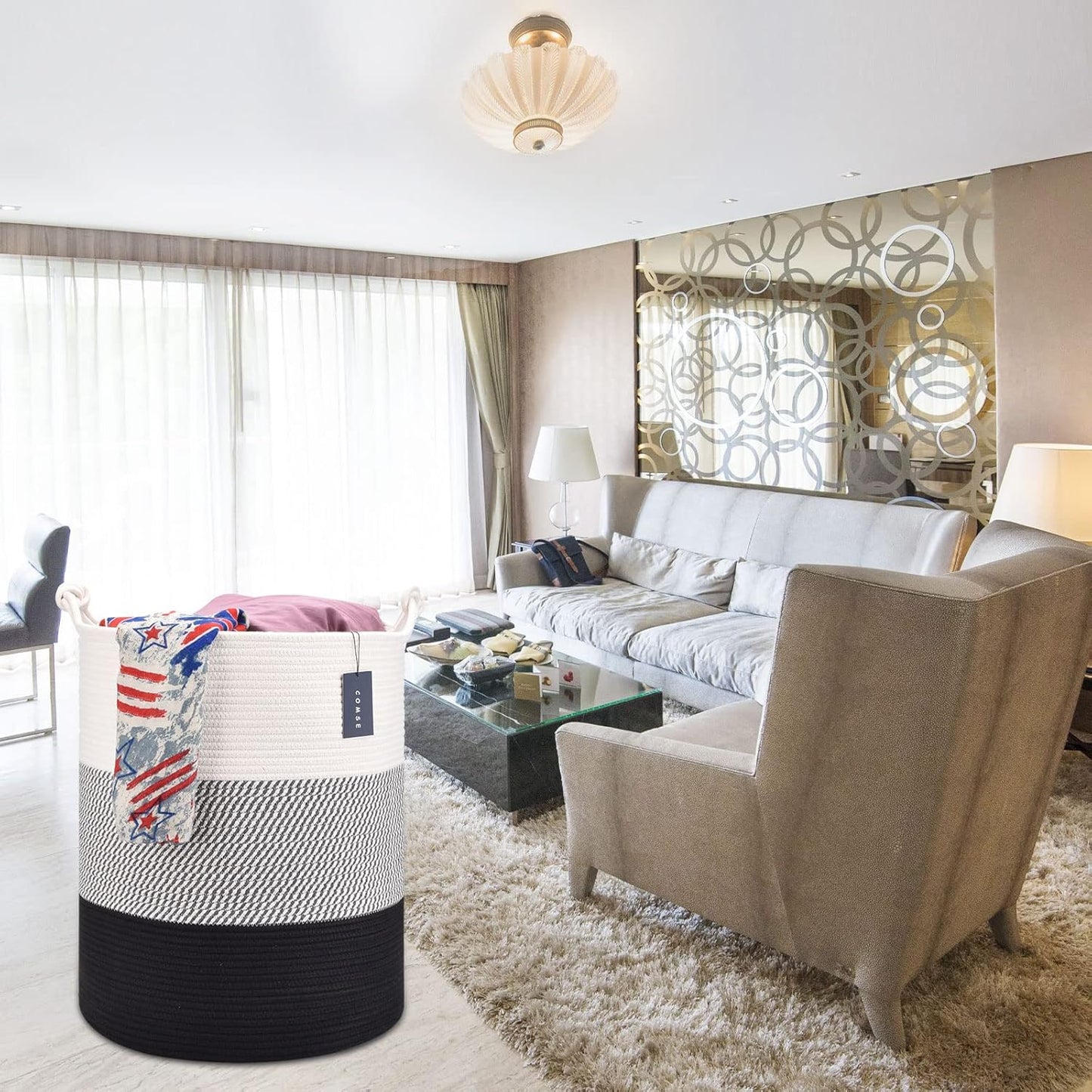 COMSE Extra Large Blanket Basket, Tall Woven Storage Basket, Nursery Hamper, 15.7”x 21.7”, Cotton Rope Laundry Hamper for Toys Clothes Towels, White/Gray/Black