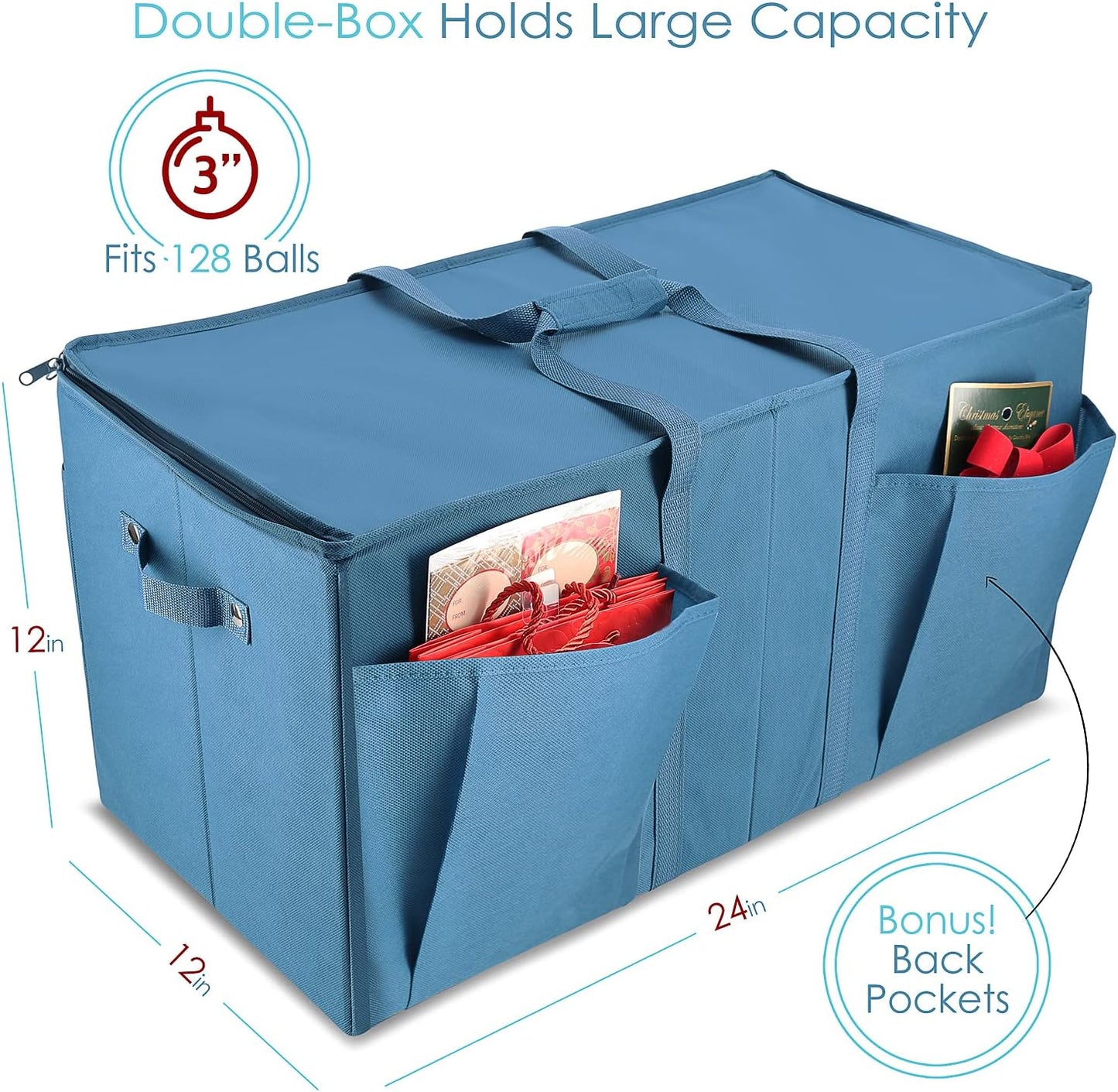 Hearth & Harbor Large Christmas Ornament Storage Box With Adjustable Dividers - Ornament Storage Container For 128 Holiday Ornaments or Decorations