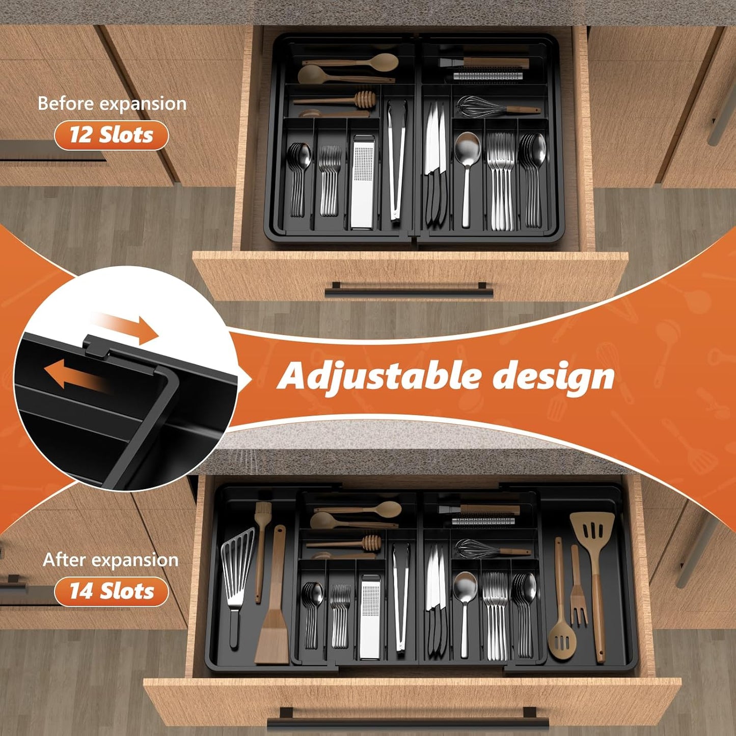 Large Silverware Drawer Organizer,utensil drawer organizer Adjustable Flatware and Cutlery Holder BPA Free Plastic Utensil Tray for Kitchen Spoons Forks Knives Black 21.6 to 38 Inches