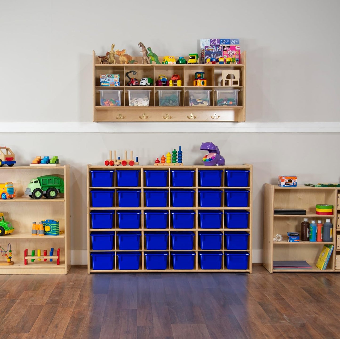 Wood Designs Cubby Storage Bin, Heavy Duty Plastic Containers for Kids Blue Cubby Tray Set of 20