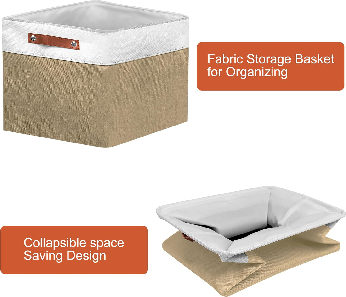 13in Open Fabric Storage Basket with Leather Handles for Organizing, Collapsible Linen Closet Bins for Shelves, Closets, Laundry, Decorative Basket for Gifts. (White&Khaki, 2PCS/13x13in)