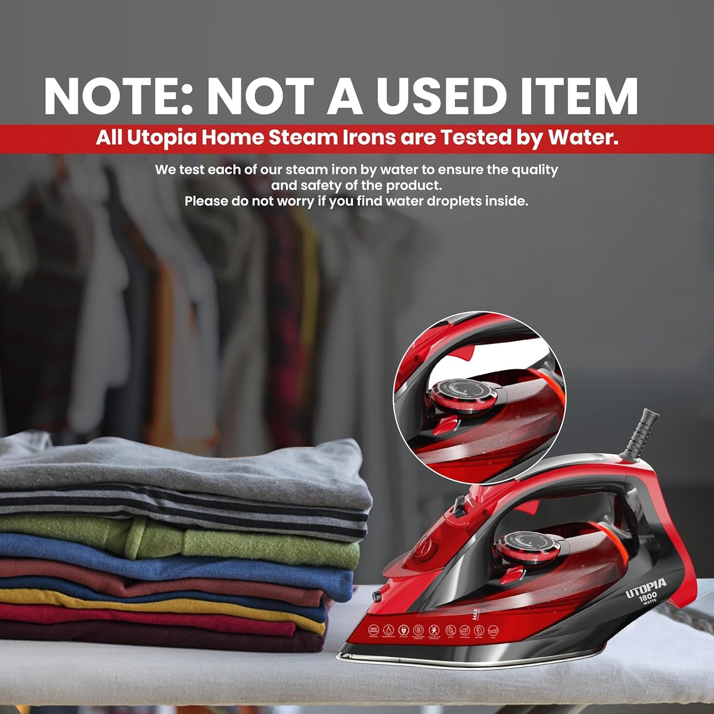 Utopia Home Steam Iron for Clothes - Non-Stick Soleplate - 1800W Clothes Iron With Auto-Off Safety Feature - Adjustable Thermostat Control, Variable Steam Control, Self-Clean, 8 Feet Cord (Black/Red)