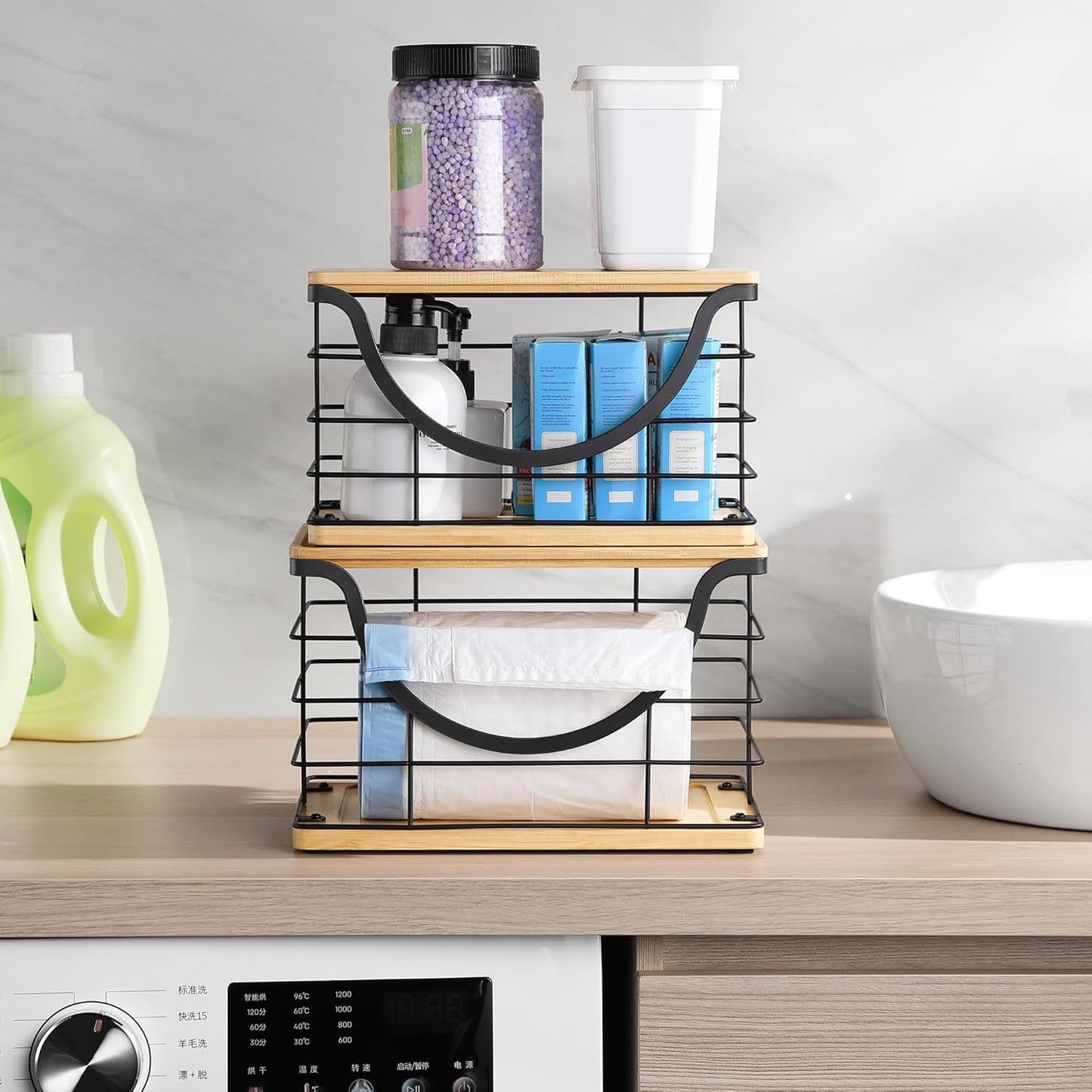 Extra Large Trash Bag Holder Stackable Kitchen Storage, 2 Pack Wall Mounted Pantry Organizers and Storage with Bamboo Top, Garbage Bag Dispenser Under Sink for Laundry Room and Kitchen