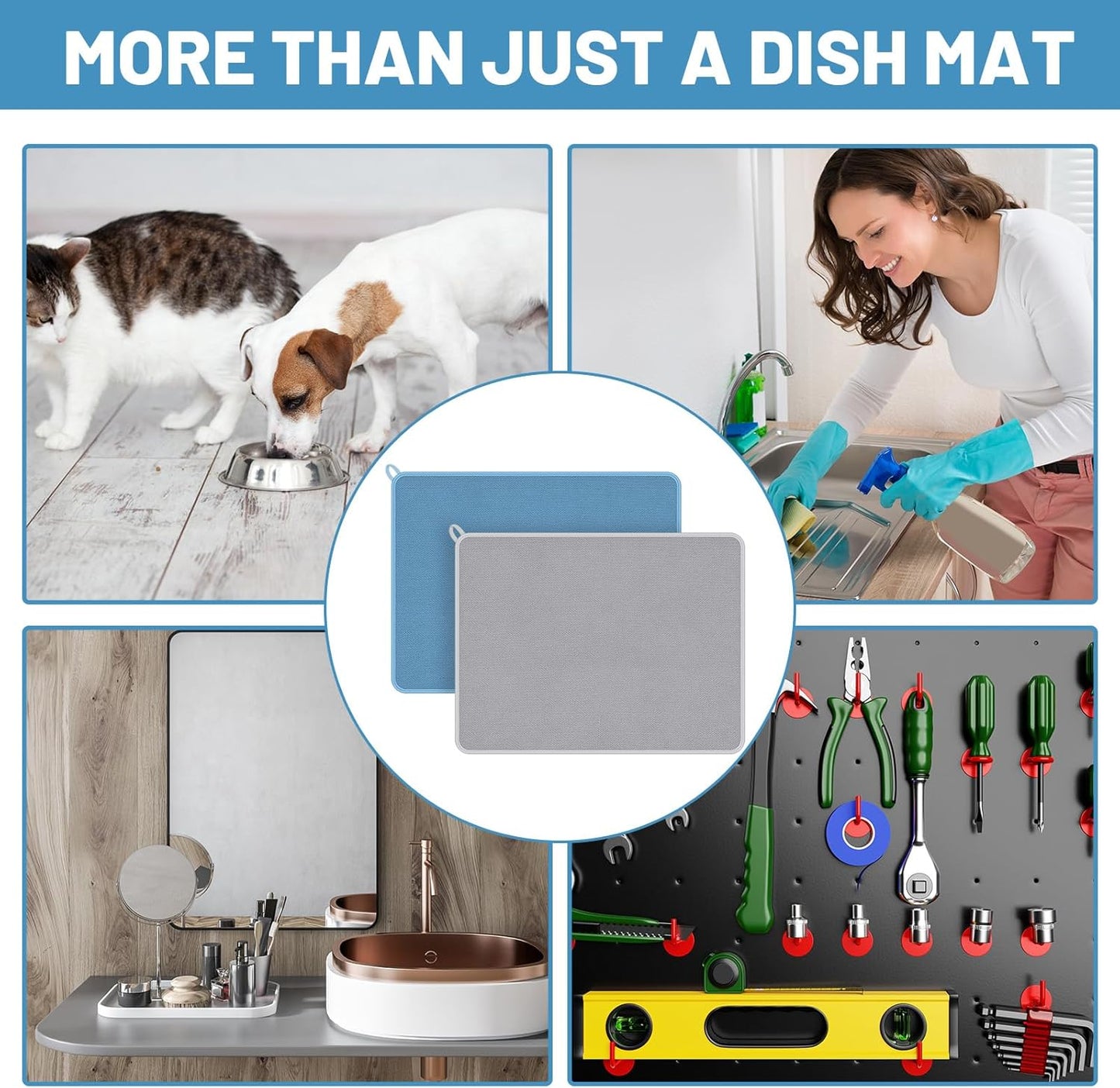 Hushee 2 Pack Extra Large Dish Drying Mat Microfiber Absorbent Dish Drying Pad Large Size Dishes Drainer Mats for Countertop, Sink, Refrigerator or Dryer (30 x 24 Inch,Blue, Gray)