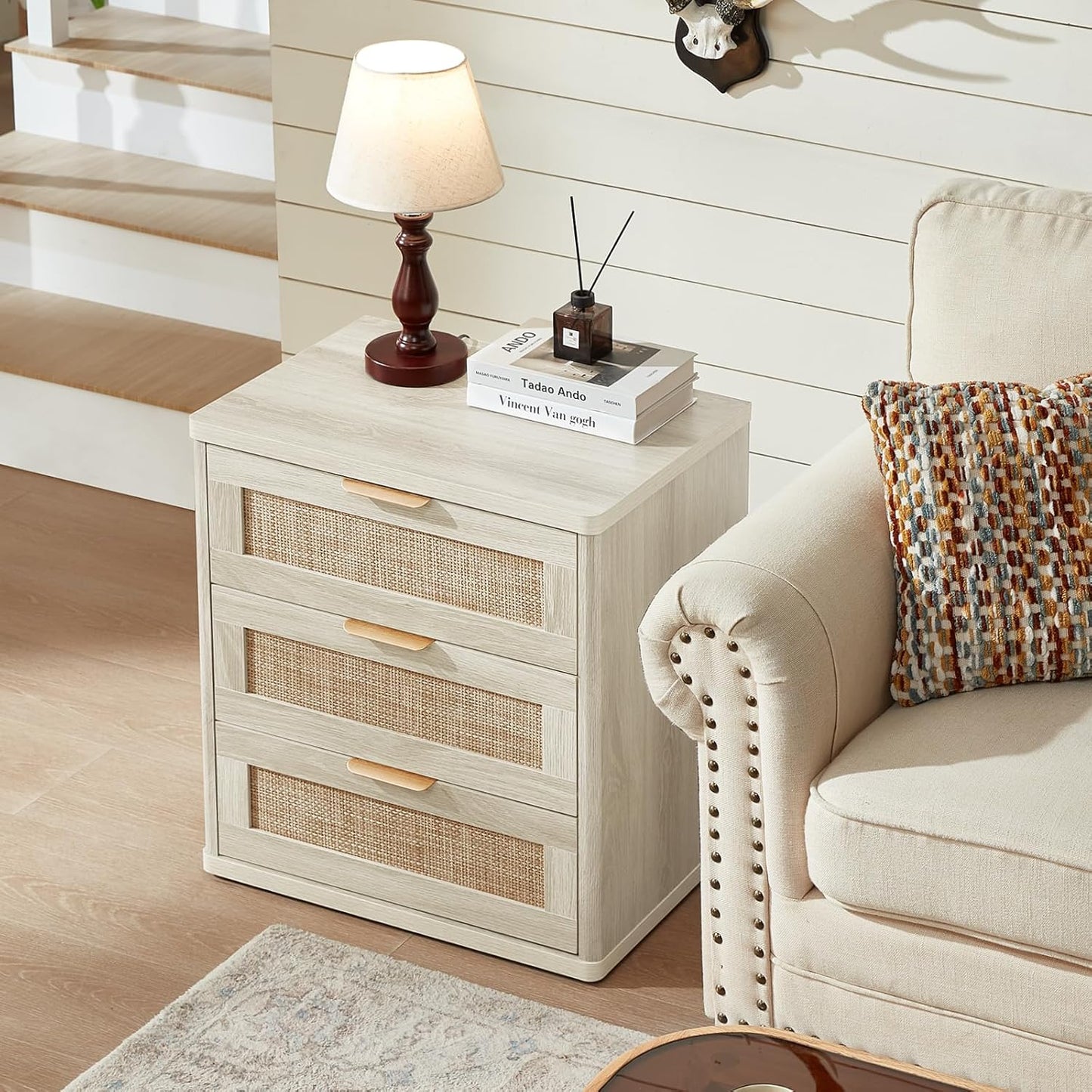 LEYAOYAO Rattan Night Stand with Drawers, 23" Large 3 Drawer Boho Nightstand, Grey White Bedside Table Storage Cabinet, Bed Side End Tables Dresser for Bedroom, Living Room, Hallway, Closet