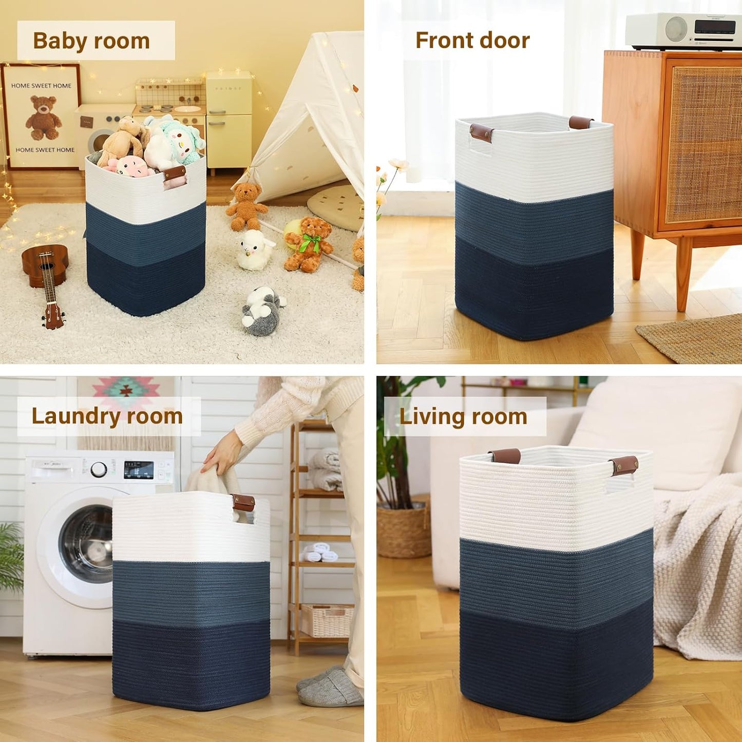Laundry Hamper 96L Extra Large Laundry Basket, Woven Blanket Basket, Cotton Woven Storage Hamper with Handles for Living Room, Large Baskets for Pillows, Blankets, Clothes-Gradient Blue