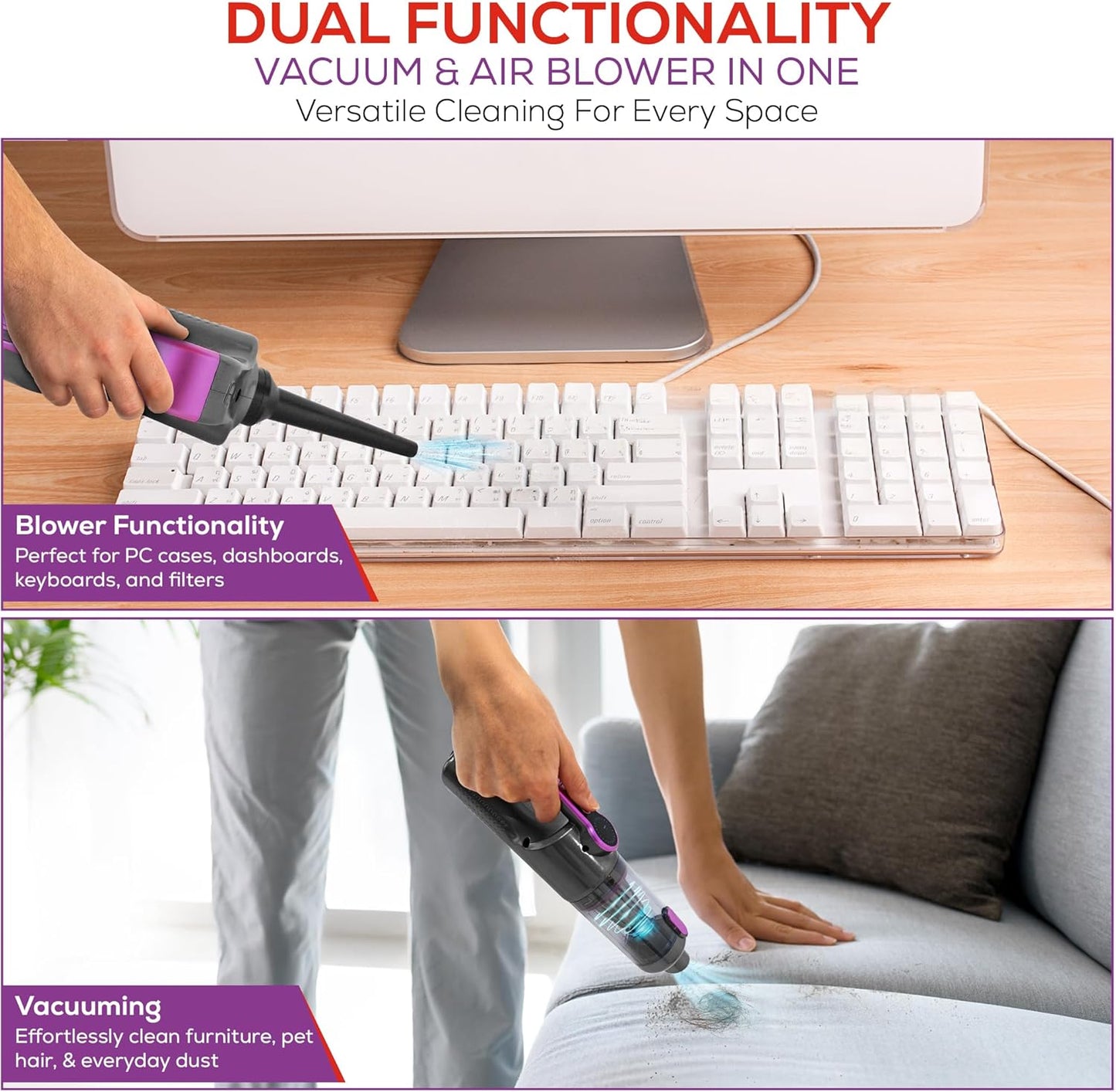 Car Vaccum Cleaner - 2 in 1 Handheld, High Power, Portable Vaccum Cordless & Corded + Blower with 18500Pa Suction - Fast USB-C Rechargeable Hand Vacuum for Home, Office, Pets & Auto Detailing