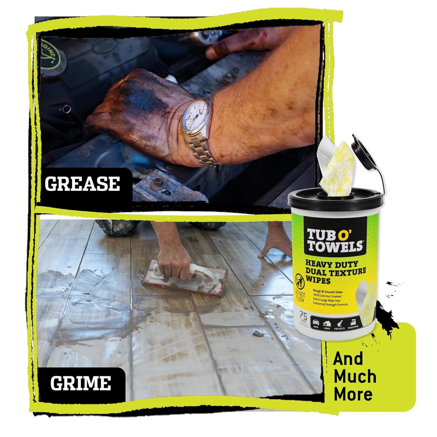 Tub O’ Towels TW75 Heavy-Duty 10" x 12" Size Multi-Surface Cleaning Wipes, Dual Texture, 75 Count Per Canister, 6 Pack