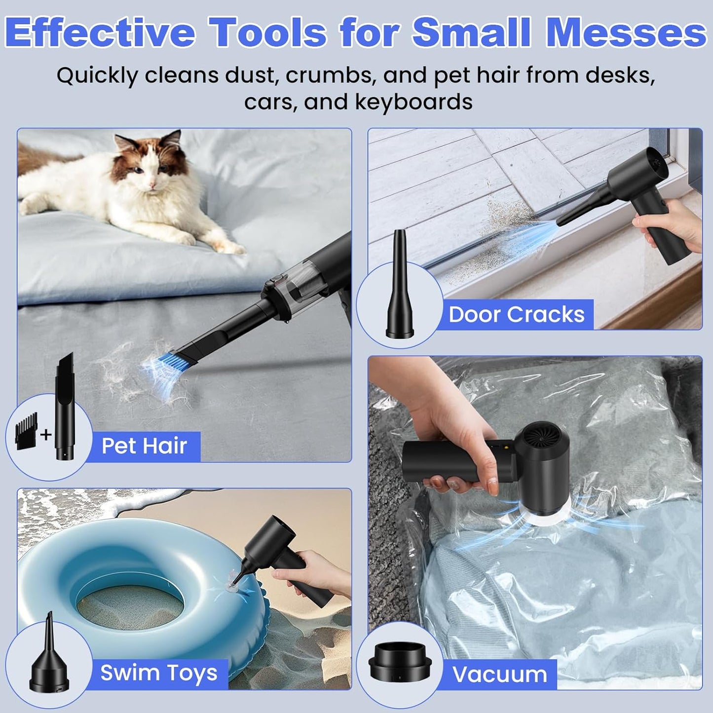 Car Vacuum Portable Cordless with 16000PA Ultra Suction 4-in-1 Foldable Air Duster & Brushless Motor Rechargeable Handheld Vacuum for Pet Hair, Car Seats, Home & Office Cleaning