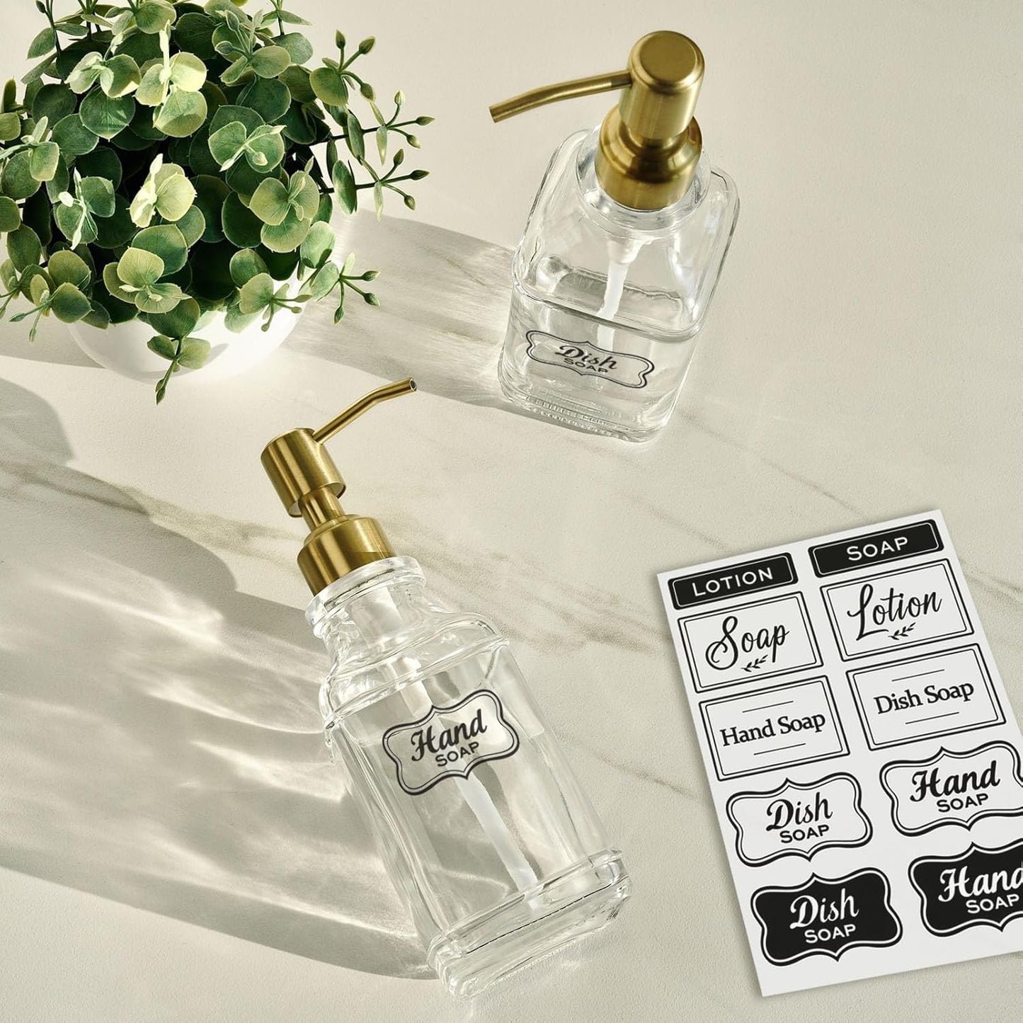 JASAI Antique Square Glass Soap Dispenser with Golden Rust Proof Pump, Refillable soap Dispenser with 10Pcs Stickers for Kitchen, Dish Soap Dispenser for Kitchen Bathroom Soap, Hand soap, Lotion.