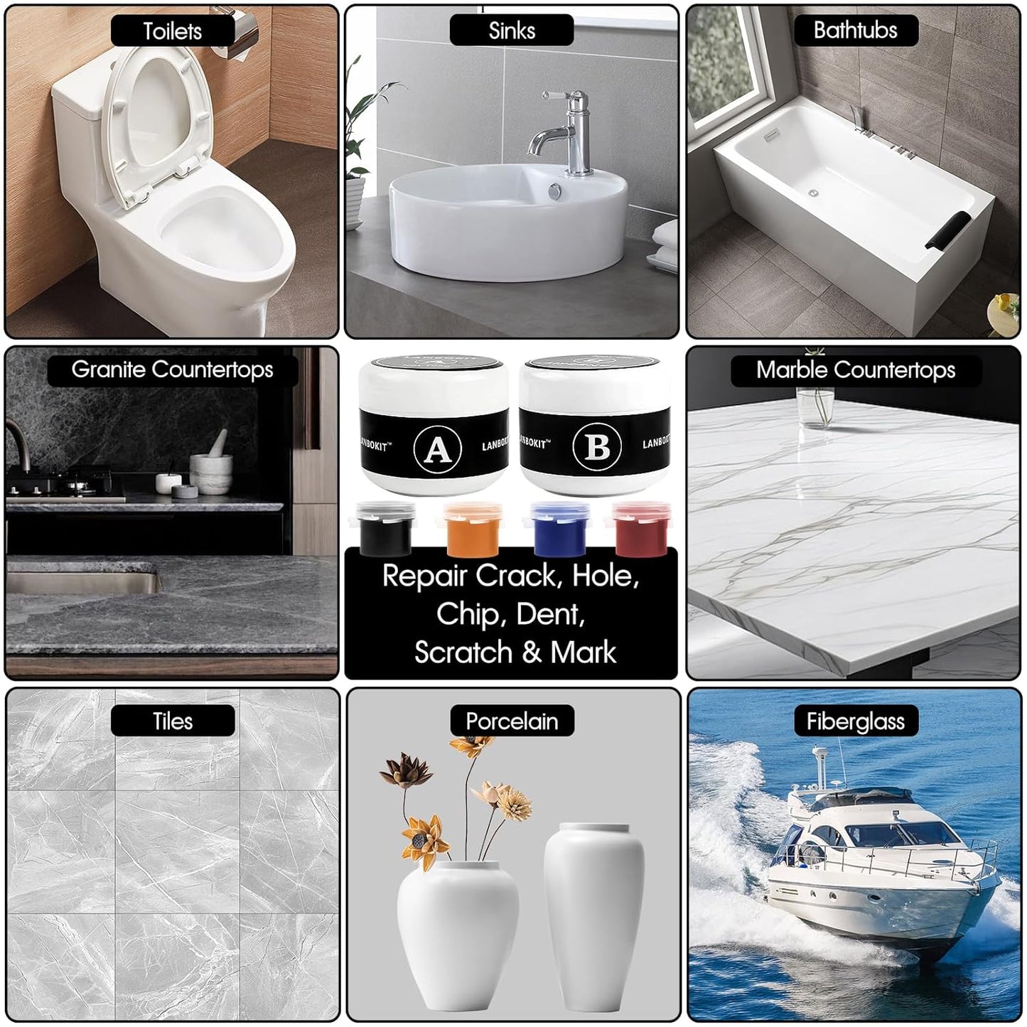 Tile & Fiberglass Tub Repair Kit(Color Matching), Porcelain Sink Repair Kit, Countertop Repair Kit for Granite, Marble, Quartz, Ceramic & Shower Repair Kit for Chips, Cracks, Scratches, Holes