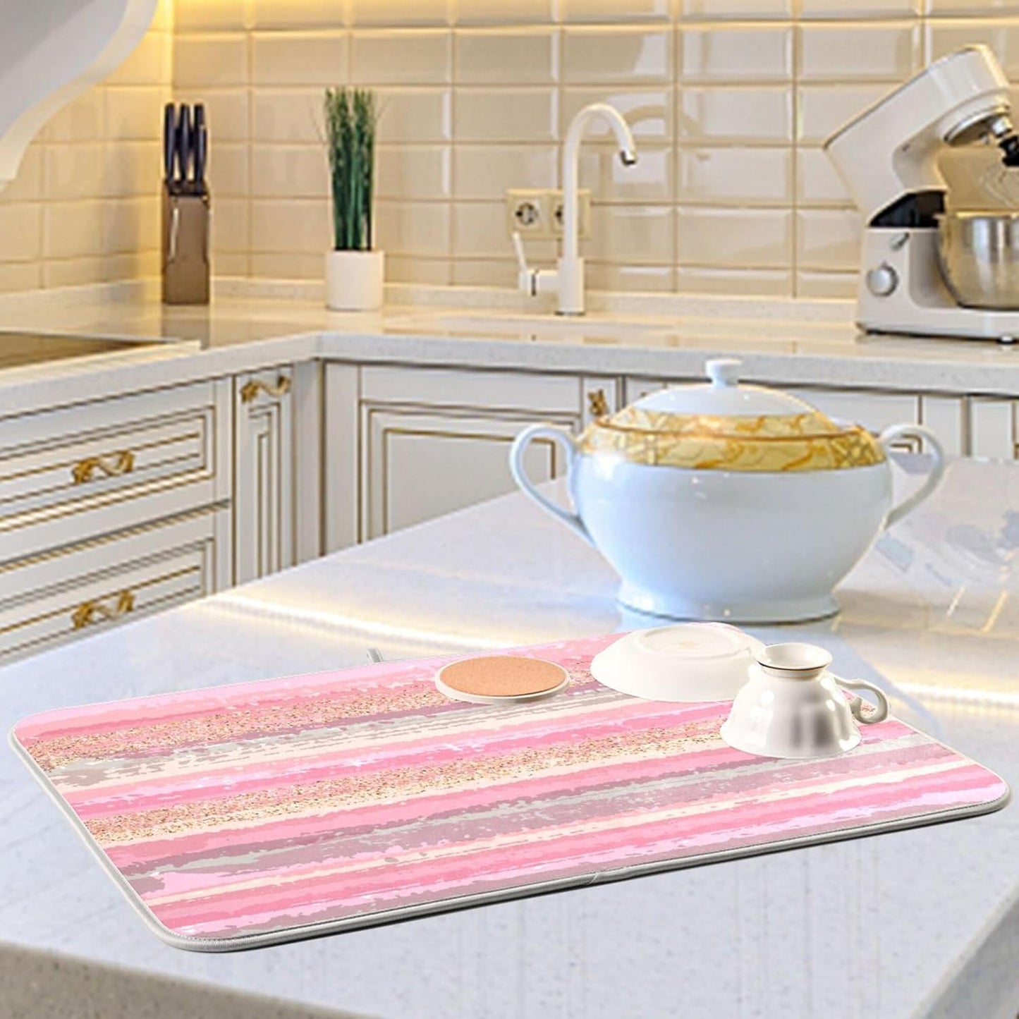 Pink Gold Stripe Dish Drying Mat for Kitchen Countertop 16x18 Rectangle Small Drying Mat Reusable Quick Dry Dish Sink Absorbent Mats Dishwasher Easy Clean Decorative Home Decor Essentials