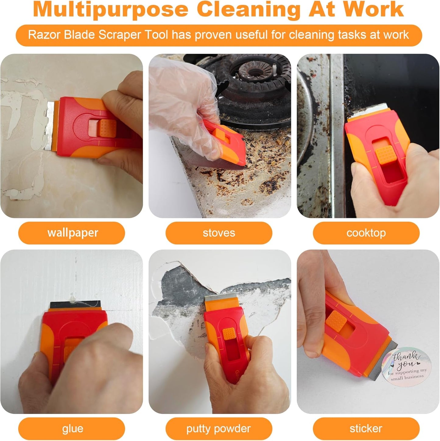 Upgraded Razor Blade Scraper with 10pcs Blades and 3Pcs small wire brushes,Scraper Tool for Cleaning Glass Window, Cooktop, Oven, Stove Scraper, Razor Scraper with Buit-In Blade Storage, Orange