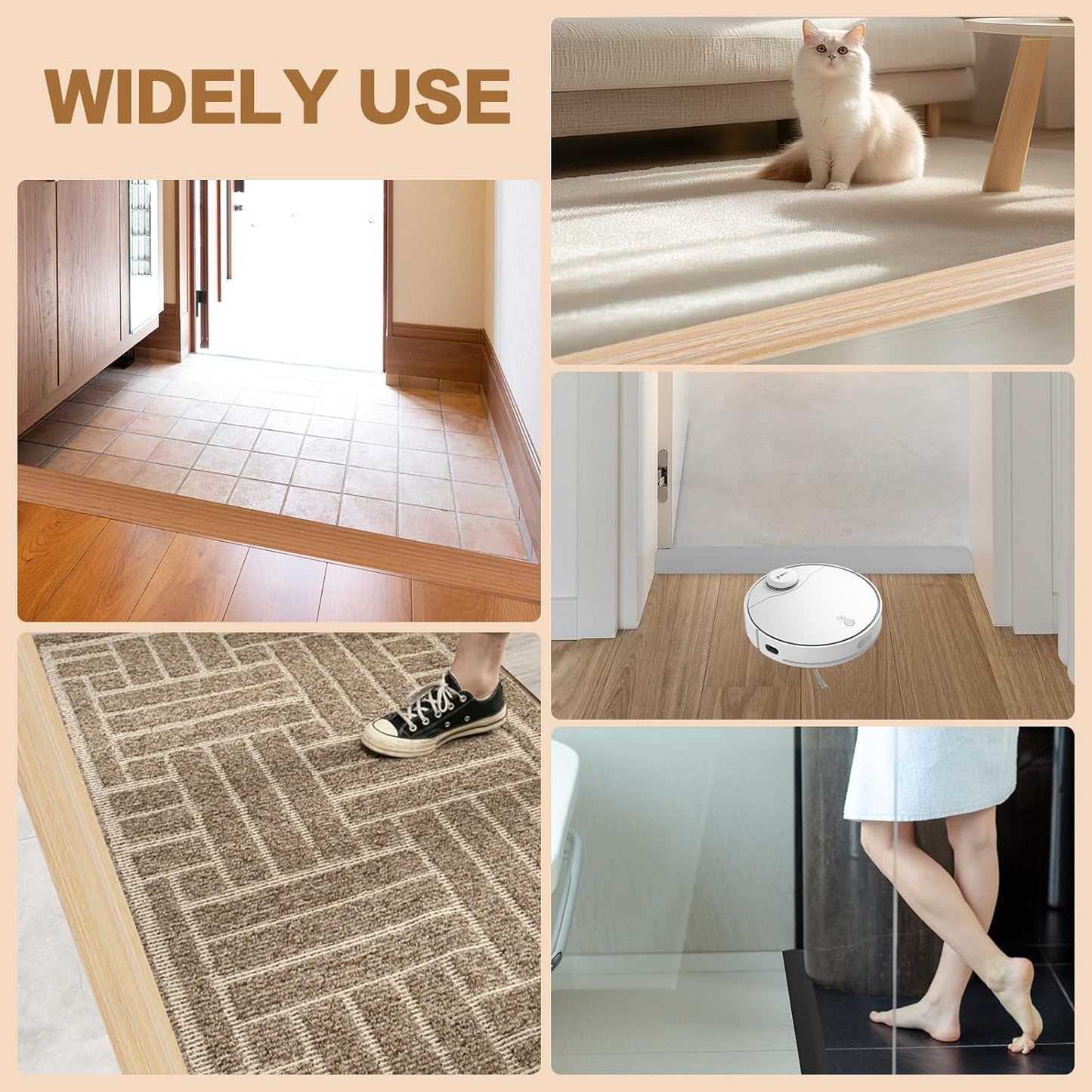 Floor Transition Strip Vinyl Door Threshold Ramp Self Adhesive Carpet Edging Strip Doorway Edge Trim, Overlap Edge Reducer for Laminate Carpet, Floor, Tile (Light Yellow Grain, 1/5" to 2/5", 10Ft)