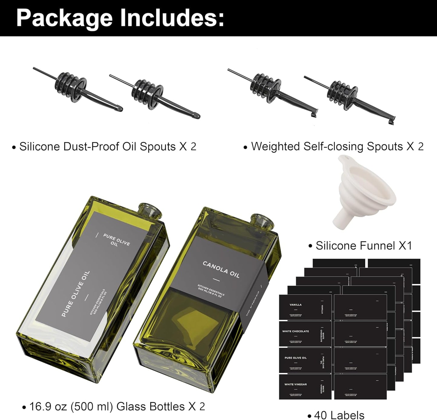Olive Oil Dispenser for Kitchen, 16.9 oz/ 500 ml Olive Oil Dispenser Bottle, Glass Oil Bottles for Kitchen with 4 Stainless Steel Pourers, 40 Labels, 2 Pcs, Green