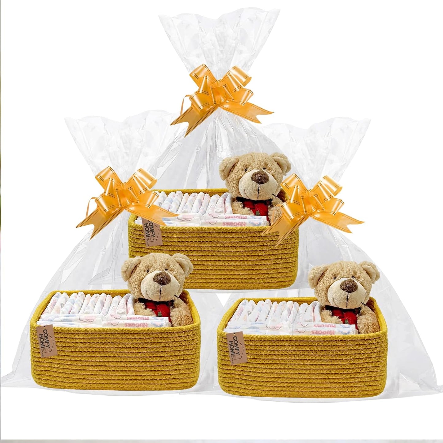 COMFY-HOMI 13" x 8.5" x 5.1" Storage Baskets for Organizing | Cotton Rope Woven Basket | Toy Storage Bin Box | Basket for Shelves, Closet Organizer Bin, Decorative Closet Shelf, 3 Pack, Yellow