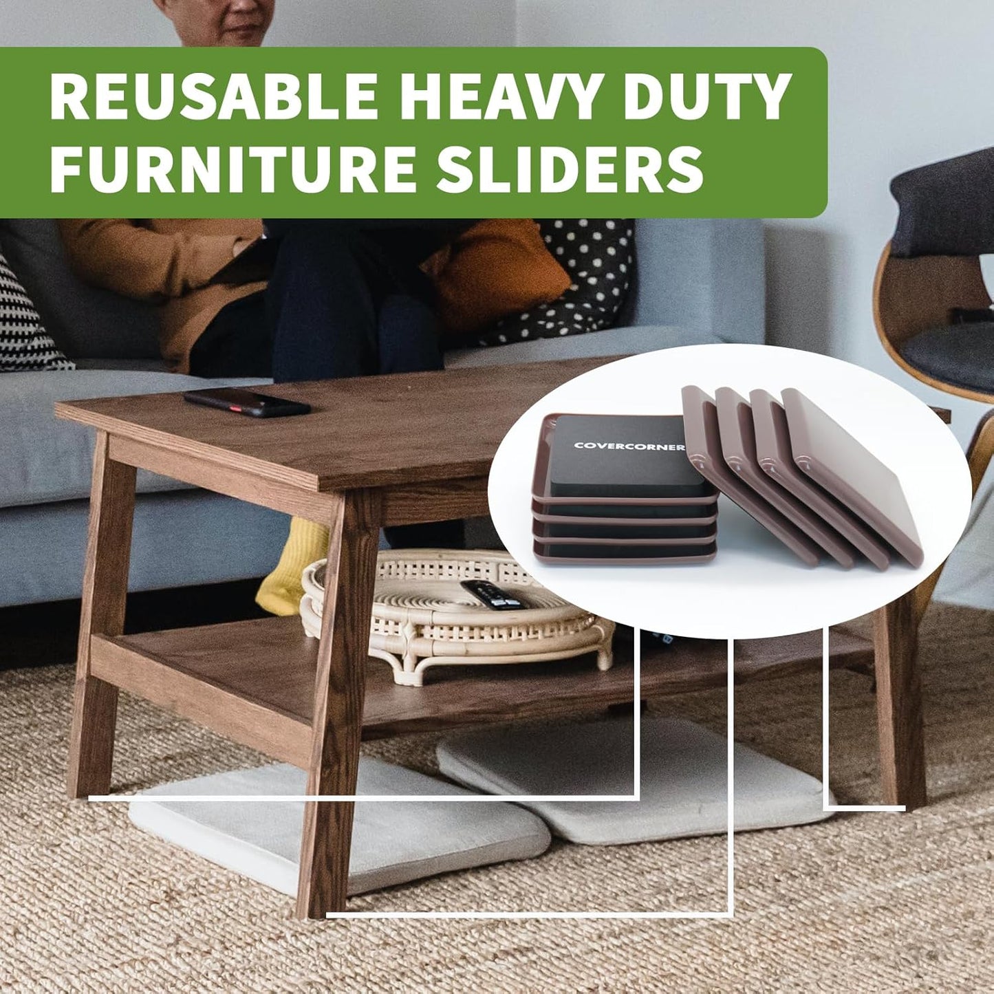 Furniture Sliders for Carpet 16 PCS - 3 1/2 inch Furniture Moving Slider Chair Legs Floors Protectors Square Furniture Movers Sliders – Move Your Furniture Easy & Safely(for Carpet)-Brown