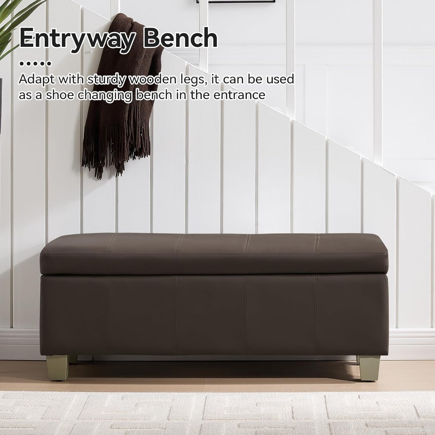 41" Faux Leather Storage Ottoman, Stitch Tufted Rectangle Upholstered End of Bed Storage Bench, Entryway Large Couch Ottoman with Wooden Legs,Brown