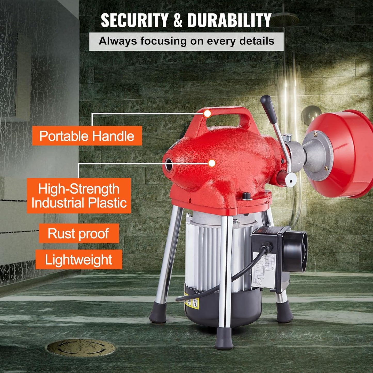 VEVOR Drain Cleaner Machine 66FT x 5/8 Inch, 250W Electric Sewer Snake Auger with 2 Sectional Steel Cables (66' x 5/8" and 15' x 3/8"), 7 Cutters and CW/CCW Control for 1.6" to 4" Pipes