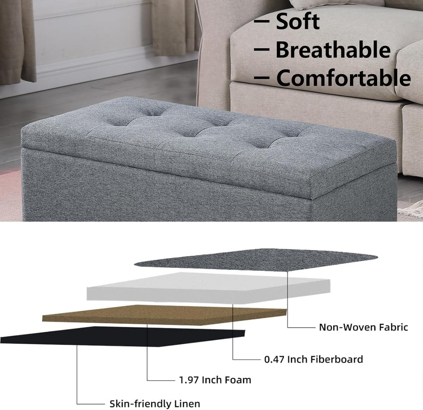 Storage Ottoman Bench with 2.56-inch Thick Seat, 31.5 inch Nesting Ottoman Set of 2, Hinged Flip Top Bench with Storage for Living Room, Bedroom, Grey