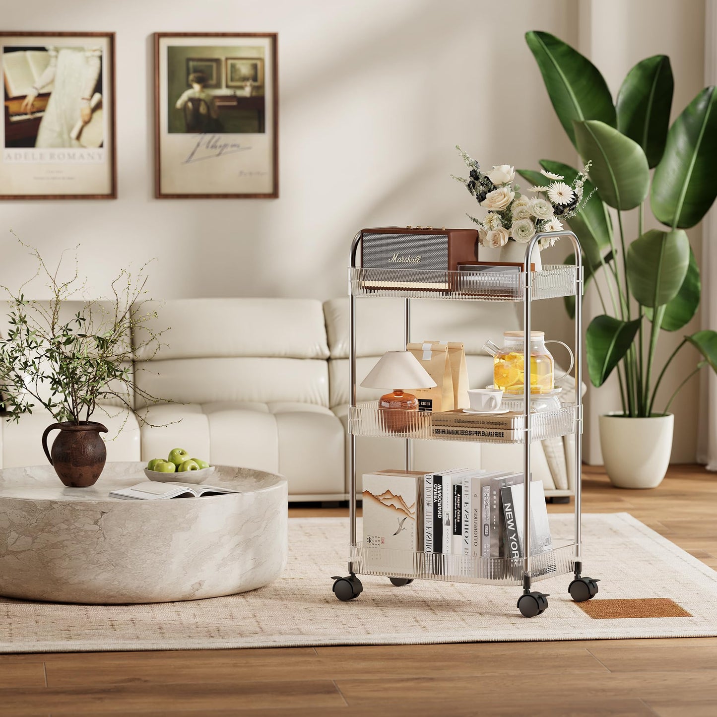 STARLATTA 3 Tier Rolling Cart with Lockable Wheels, Clear Acrylic Utility Trolley with Handle