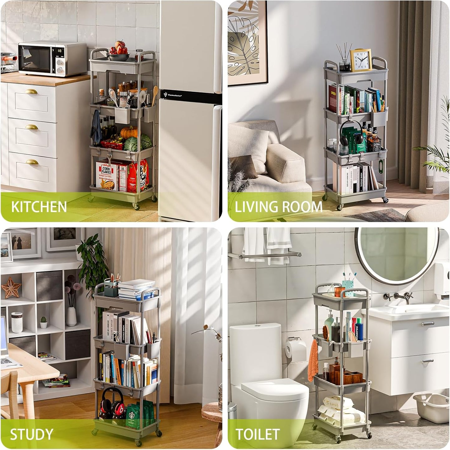 4 Tier Rolling Cart Organizer,Art Craft Diaper Bedside Snack Laundry Room Bathroom Organizer Narrow Thin Slim Rolling Trolley Utility Cart with Wheels for Kitchen,Office(Grey)