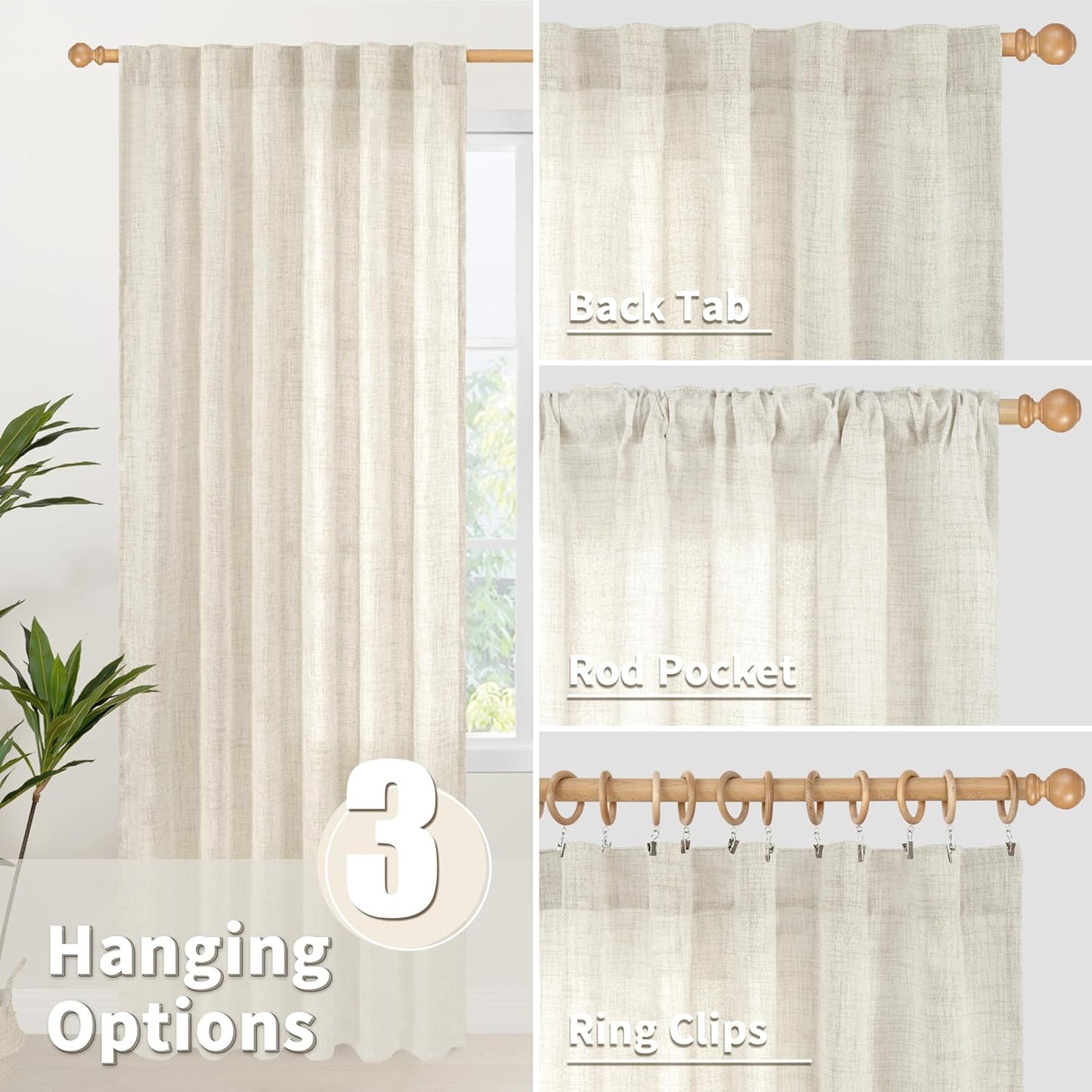 YoungsTex Short Semi Sheer Curtains 40 Inches Long for Kitchen Window, Cream Light Filtering Drapes with Rod Pocket Back Tab Privacy for Bedroom Cafe Bathroom, 2 Panels, 42 X 40 Inch