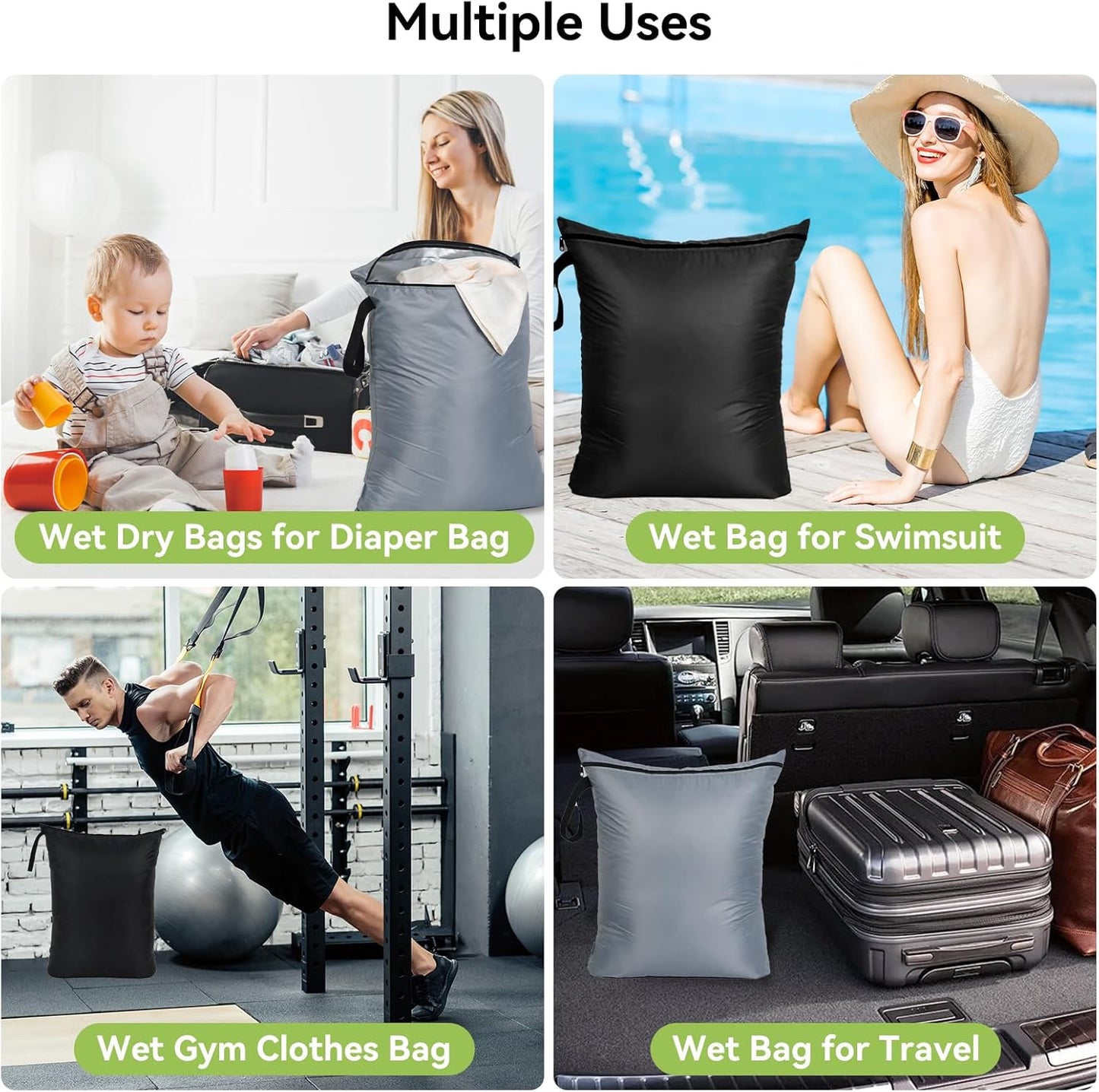 OTraki 2Pcs Exlarge Wet Bag 24x32 inch Reusable Waterproof Wet Dry Bag with Zipper Handle Wet Clothes Blanket Bedding Coat Sweater Machine Washable Laundry Bag for Travel Hotel Camping, Black & Grey