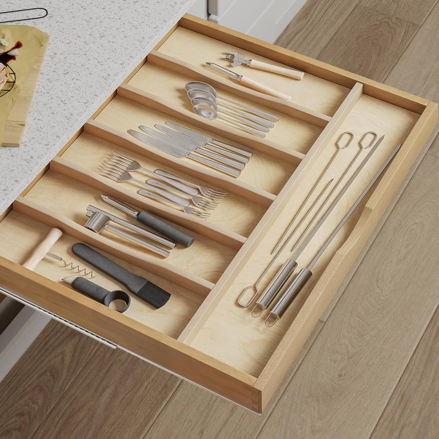 WelFurGeer Solid Birch Wood Silverware Drawer Organizer, Wooden Cutlery Drawer Organizer, Utensil Tray for Kitchen Drawers, Kitchen Utensil Organizer for Silverware, Flatware, Spoons, Forks, Knives