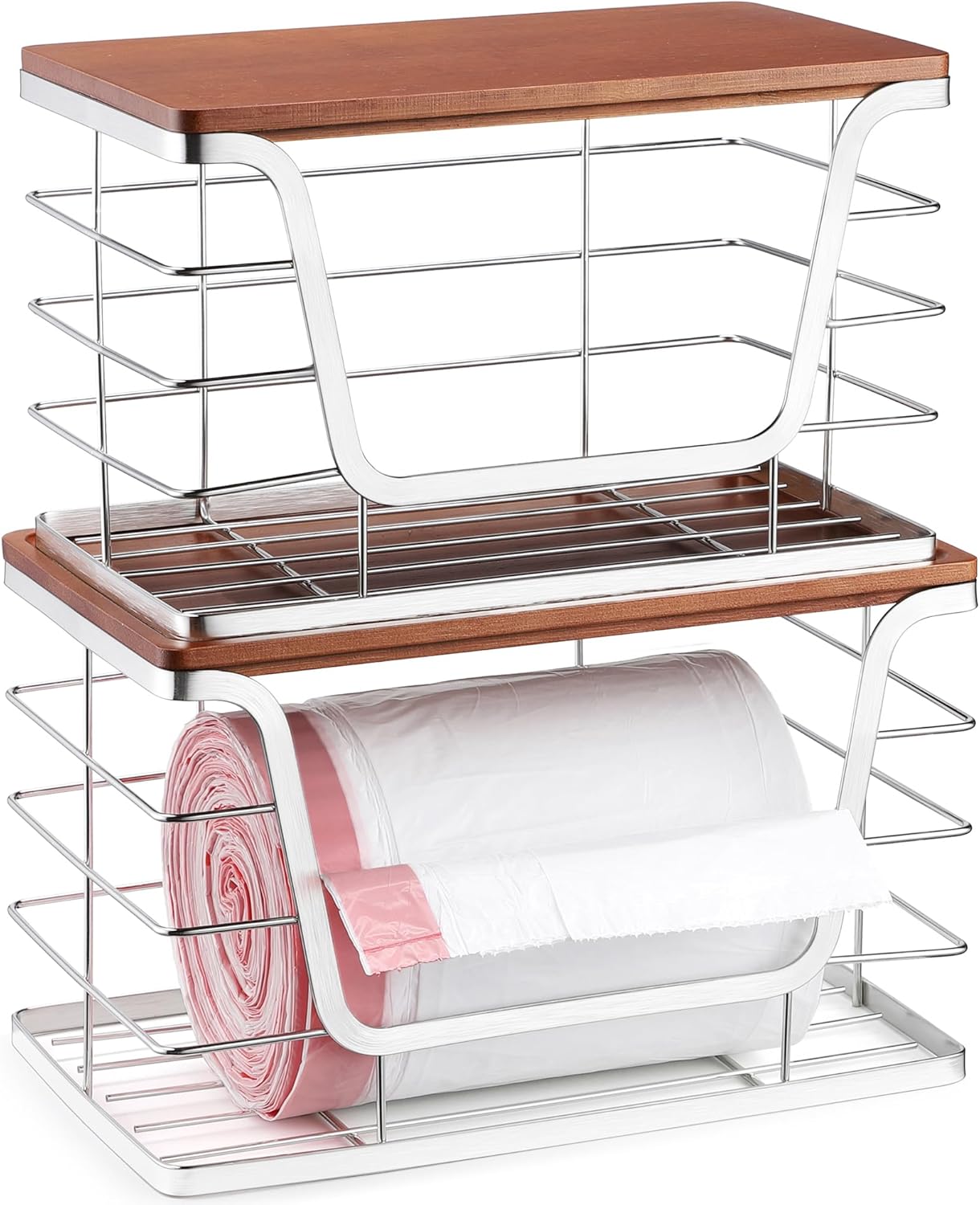 ALOCEO 2 Pack Stackable Storage Bins with Lids, Stainless Steel Extra Large Trash Bag Dispenser for Kitchen Sink, Laundry, Pantry Organizer and Storage, Fit 13/30/33 Gallon Garbage Bags, Walnut Sliver