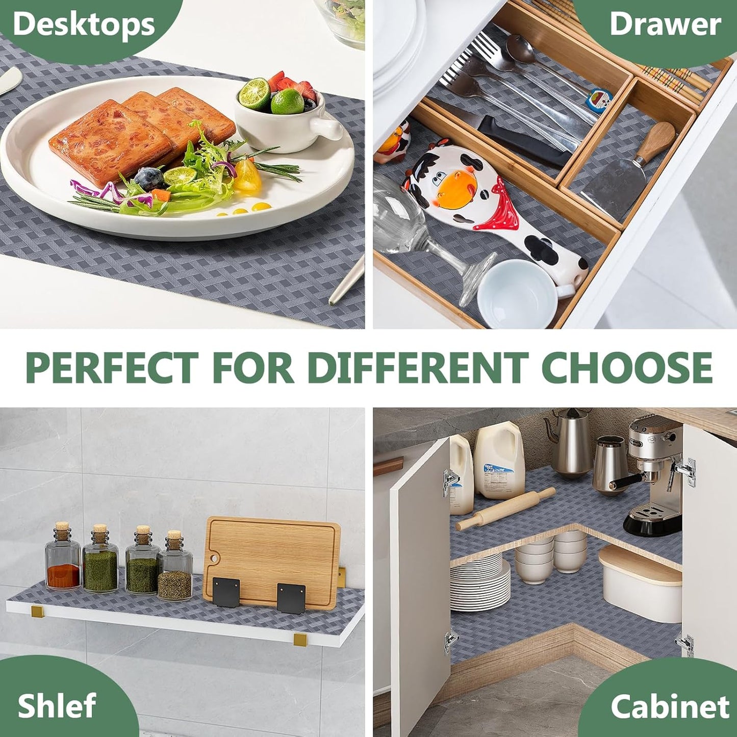 Shelf Liners, Non-Adhesive Drawer Liner, Waterproof & Oil-Proof Kitchen Cabinet Cupboard Liner Plastic EVA Material BPA Free Fridge Liner Mats Paper Protector for Shelves (Grey/12in x 120in)