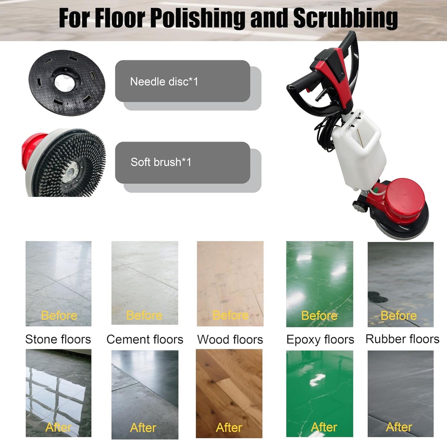 Floor Scrubber Buffer Heavy Duty Polisher Machine Polished Waxed Refurbished Tile Scrubber Cleaner Wood Marble Cement Pavement Epoxy Rubber Carpet Red Commercial Industrial Domestic