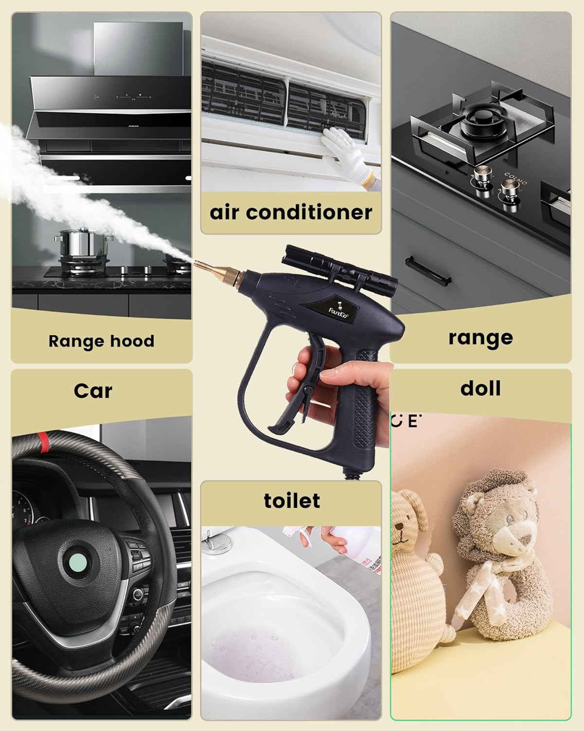 FoundGo 1700W Tankless Handheld Steam Cleaner with 7 Brushes 20s Heating to 239℉ Pressurized Portable Steam Cleaner, Cleaning Home/Kitchen/Car & More-White