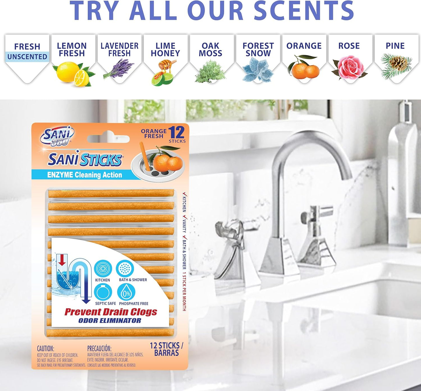 SANI 360° Sani Sticks Drain Cleaner and Deodorizer, 24 Count, Orange Scent Enzyme Pipe Cleaners, Eliminate Odors, Prevent Clogged Drains, Safe for Sinks, Bathtub Drains, Septic Tanks