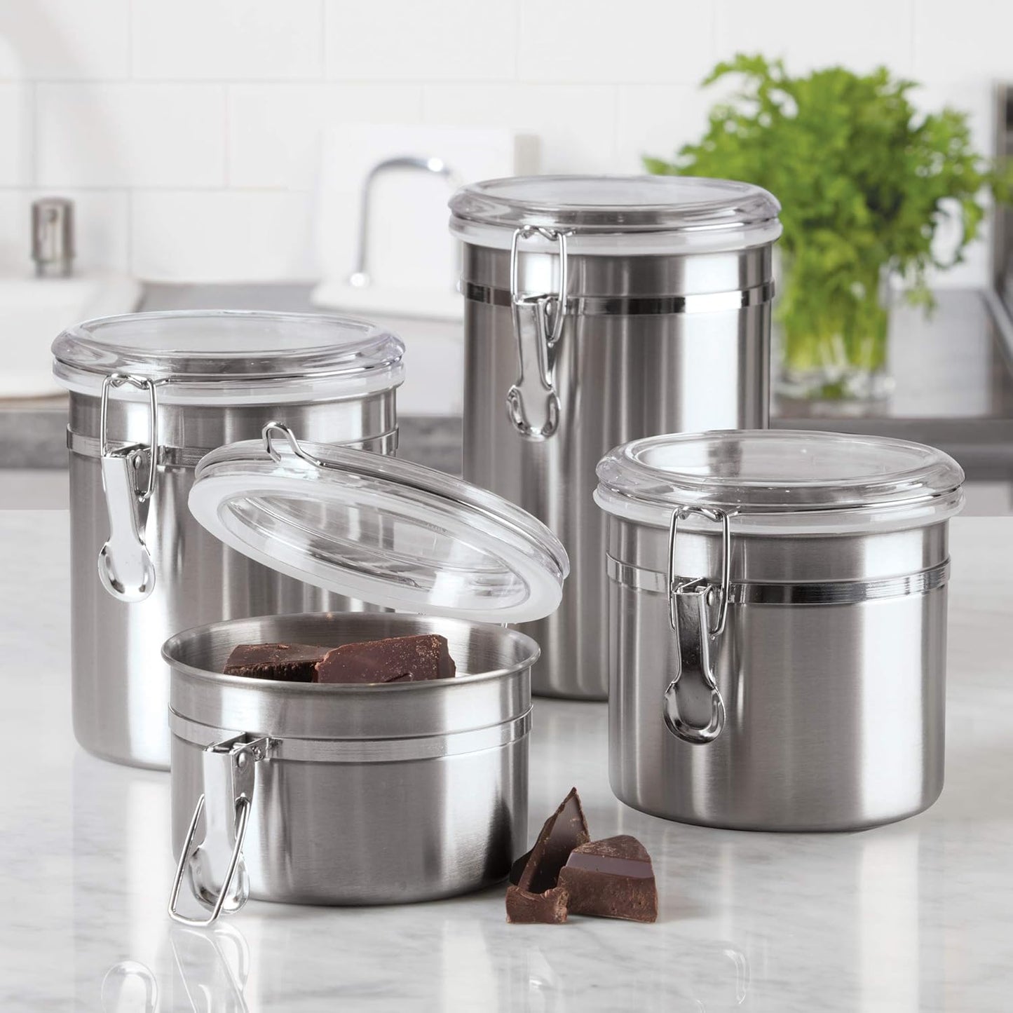 Oggi Stainless Steel Kitchen Canister 152oz + Oggi Stainless Steel 4 pc Food Storage Container Set - Ideal for Kitchen Storage