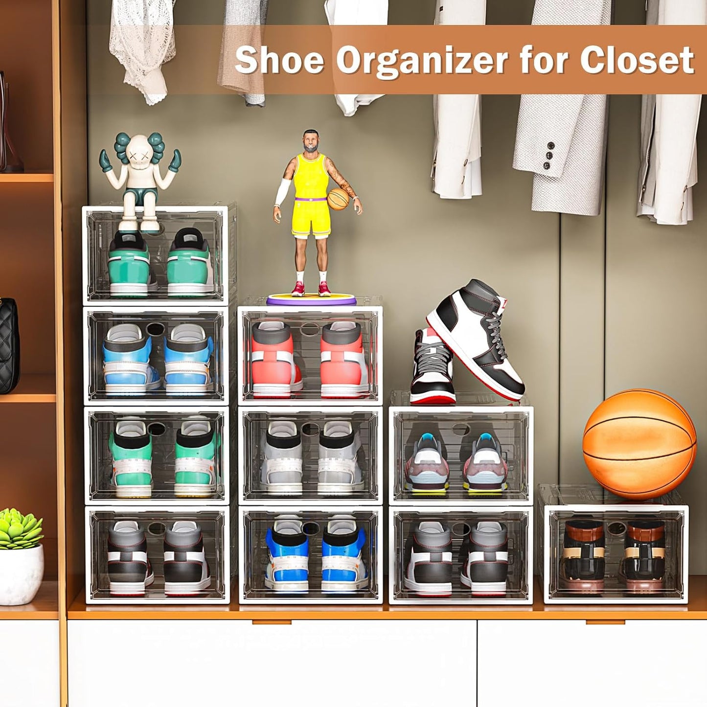 6 Pack Thicken Shoe Organizer Stackable,Upgraded Sturdy Shoe Storage Box with Magnetic Door,Shoe Containers for Sneaker Display,White