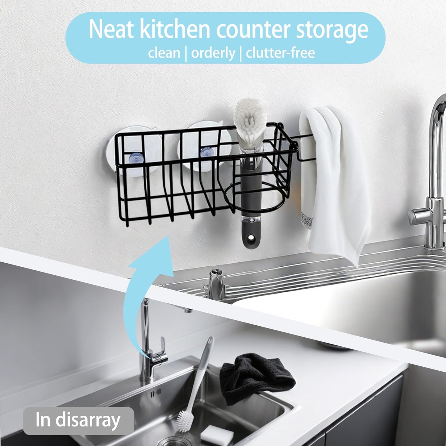 Sponge Holder with Dish Cloth Hanger for Kitchen Sink, In-sink Caddy Organizer with Suction Cups & Adhesive Strips, Rustproof Sponge Rack for Soap, Brush, Scrubber - Black(3 Pack)