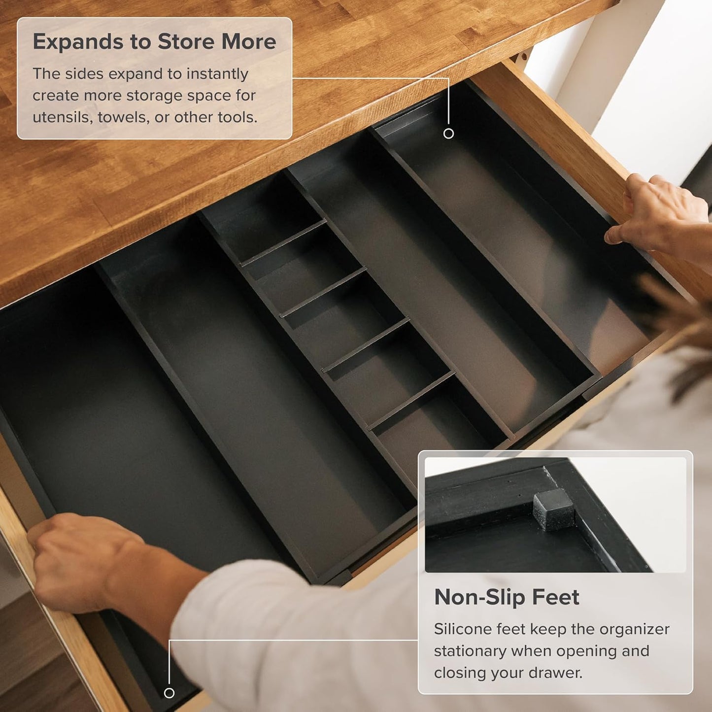 KitchenEdge Adjustable Kitchen Drawer Organizer for Utensils and Junk, Food-Safe Contract Grade with 100% Sustainable Wood, Expandable from 16 to 28 Inches Wide - Black Bamboo