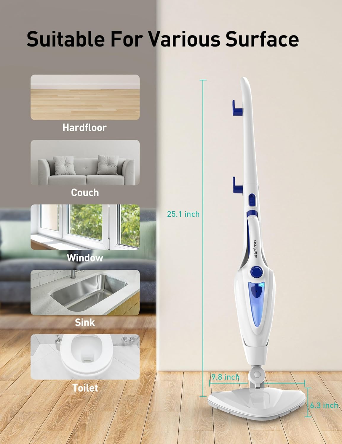 12-in-1 Steam Mop, Fast 15-Sec Heat-Up, 1500W Detachable Handheld Steam Cleaner with 2 Dirt Grip Pads, Removes 99.99% Stubborn Stains for Hardwood Floors, Clothes, Windows, Tiles, Furniture, Blue