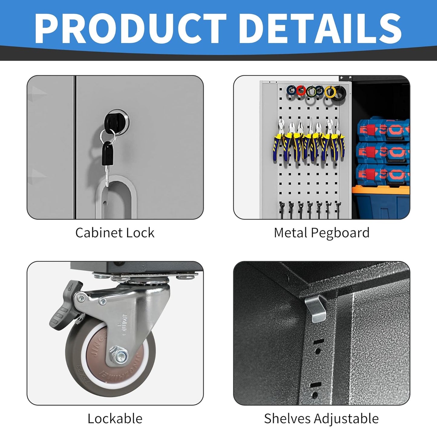 Garage Metal Storage Cabinet with Pegboard, 71'' Tall Storage Cabinet with Adjustable Shelves and Doors, Rolling Tool Cabinet on Wheels for Garage, Utility Room (Black & Grey)